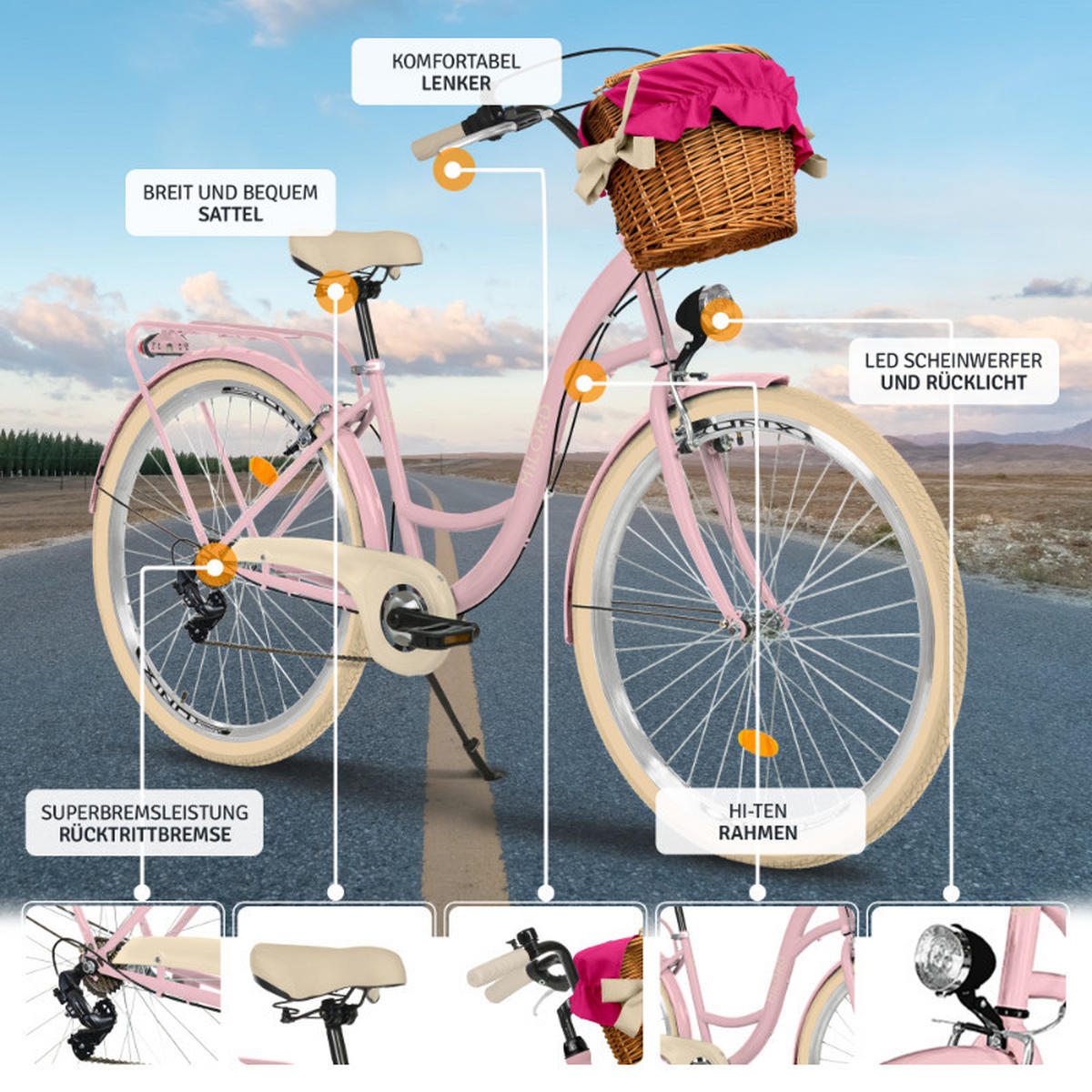 CITY-FAHRRAD Milord mit Weidenkorb, 28 Zoll, Rosa-Creme, 7-Gang - Pink/Creme, Metall (46cm) - Milordbikes