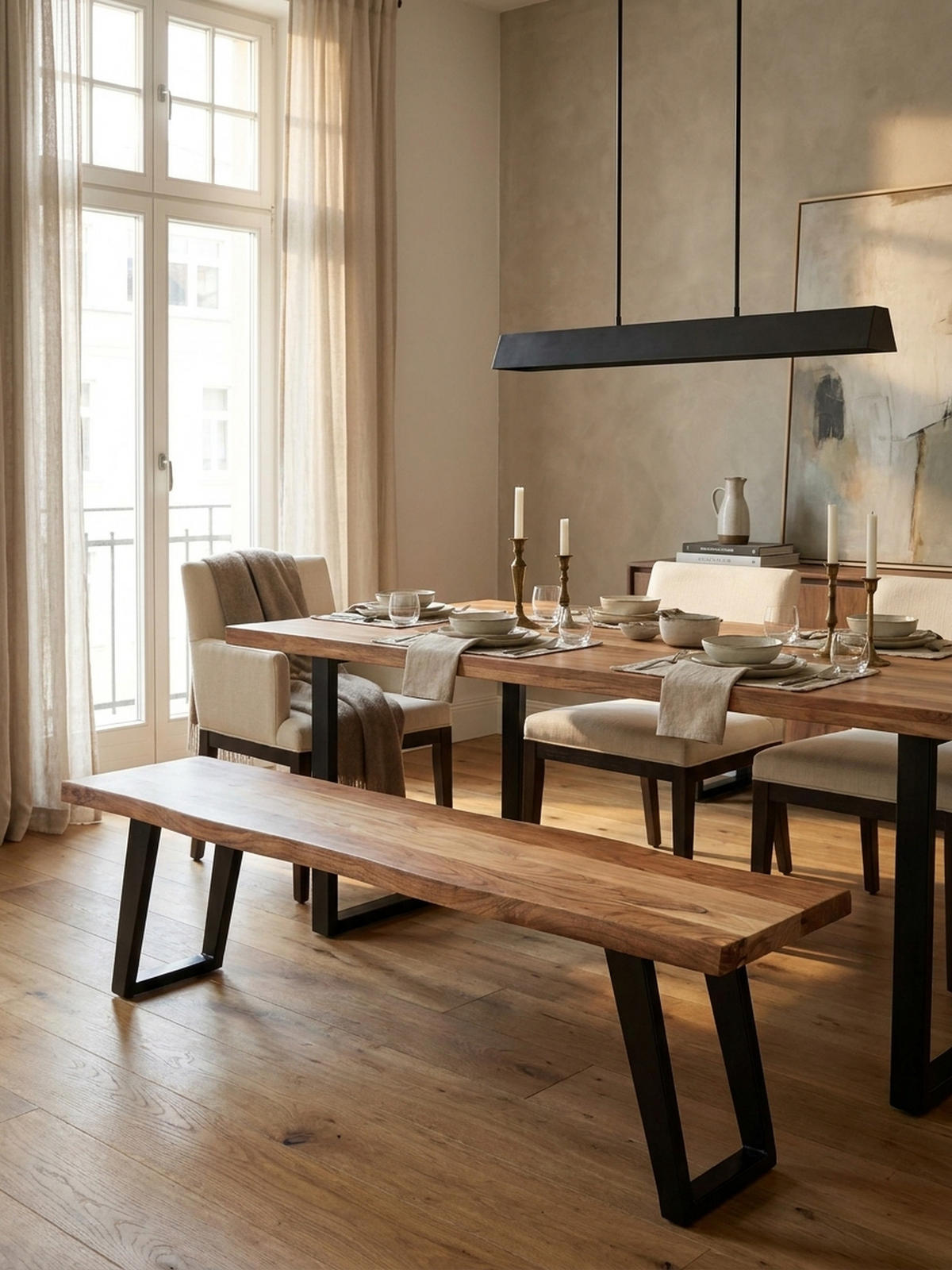 ESSZIMMERBANK Massivholz Metall Baumkante U-Beine, Akazie 180x40x46 cm - Schwarz/Braun, Holz/Metall (180/46/40cm) - KADIMA DESIGN