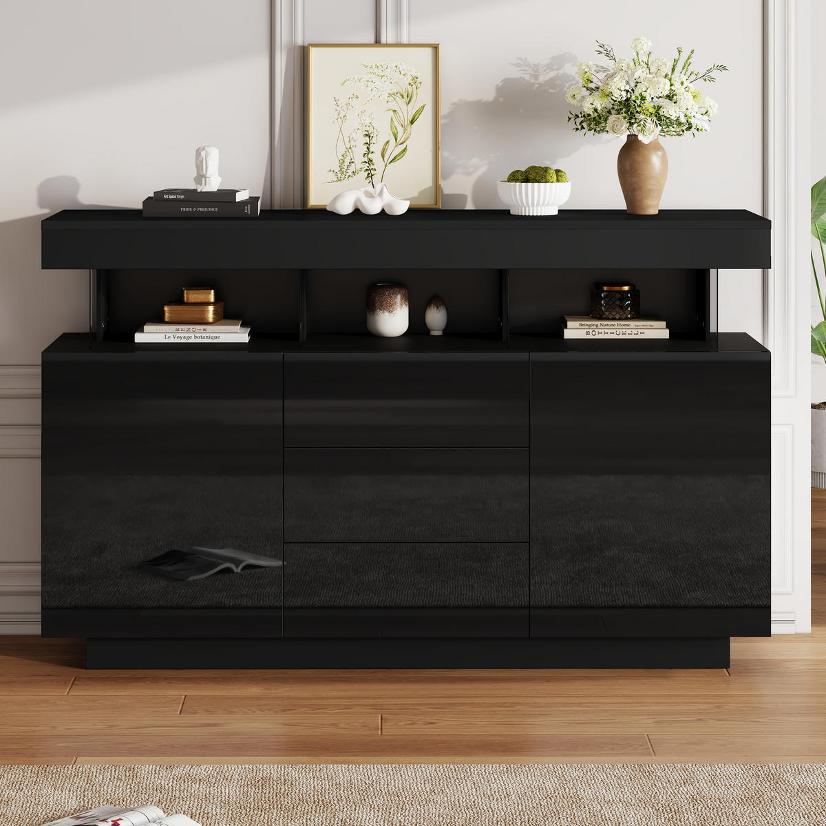 SIDEBOARD 140/35/80 cm schwarz aus Spanplatte mit LED-Beleuchtung - Schwarz, Holzwerkstoff (35/80/140cm) - OKWISH