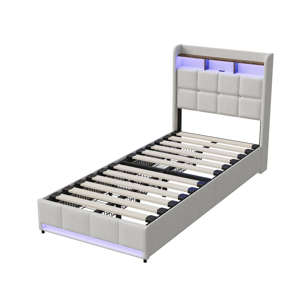 POLSTERBETT 90x200 cm Beige mit LED, 2 Schubladen, Kopfteil mit Ablage und Stauraum - Beige, Metall (90/200cm) - EuroLiving