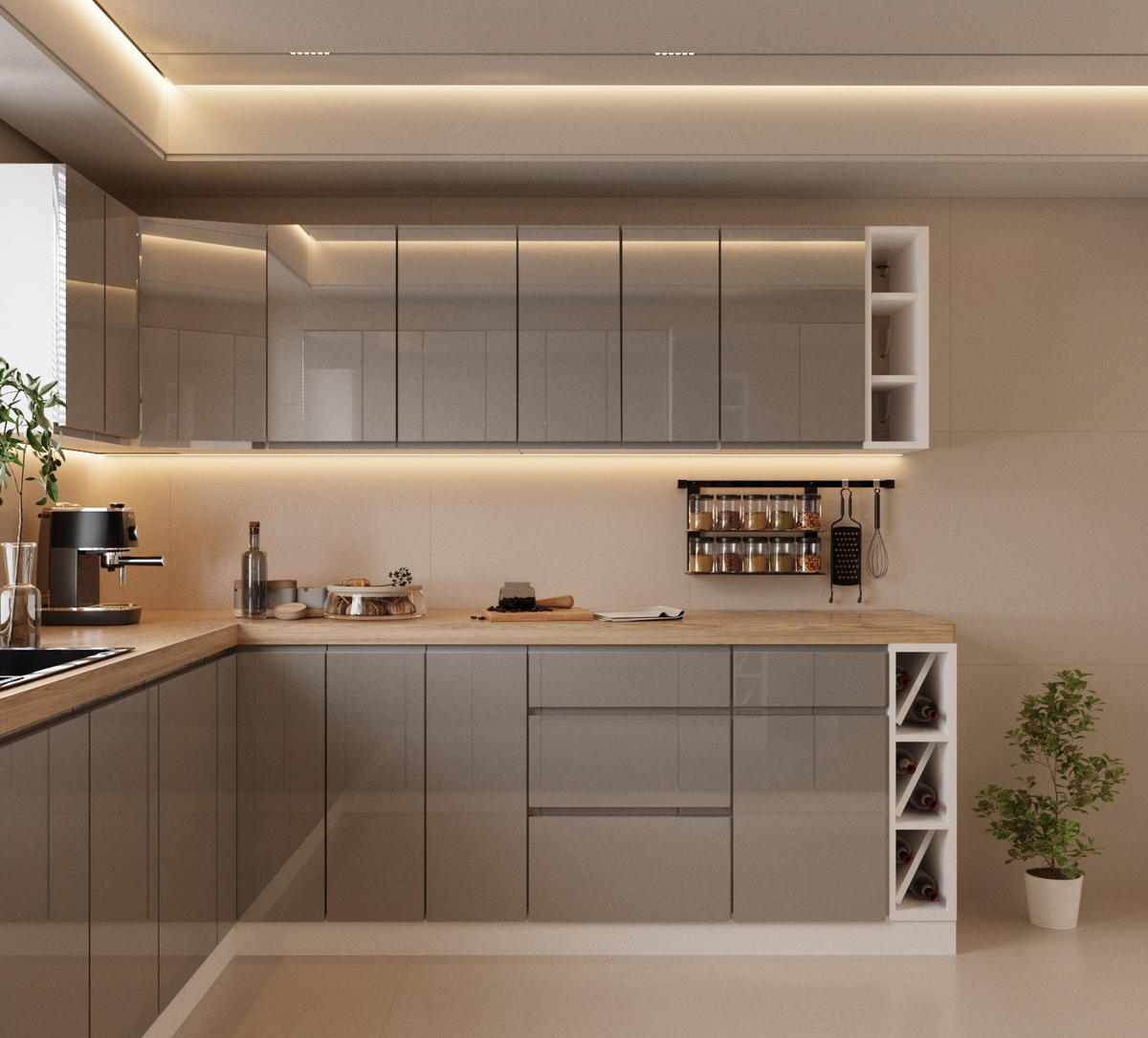 WINKELKÜCHE 320 cm x 280 x 260 cm - Aspen KA17-M320 - in Grau/Hochglanz - Grau, Holz (860/212/58cm)