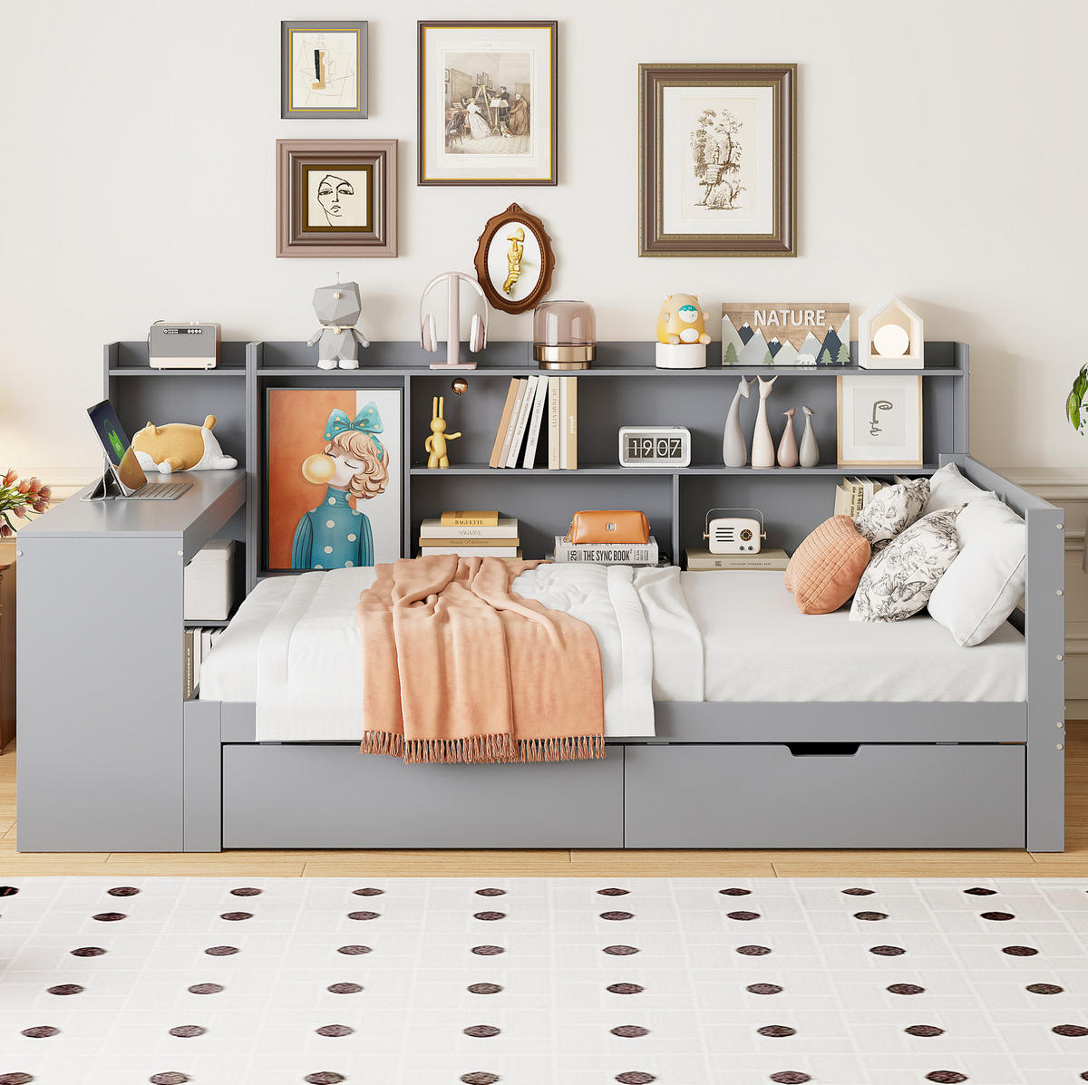 SCHLAFSOFA 90/200 cm mit Schreibtisch, Regalen, 2 Schubladen und USB-Steckdose, Grau - Grau, Holzwerkstoff (245.5/100/114.5cm) - Redom