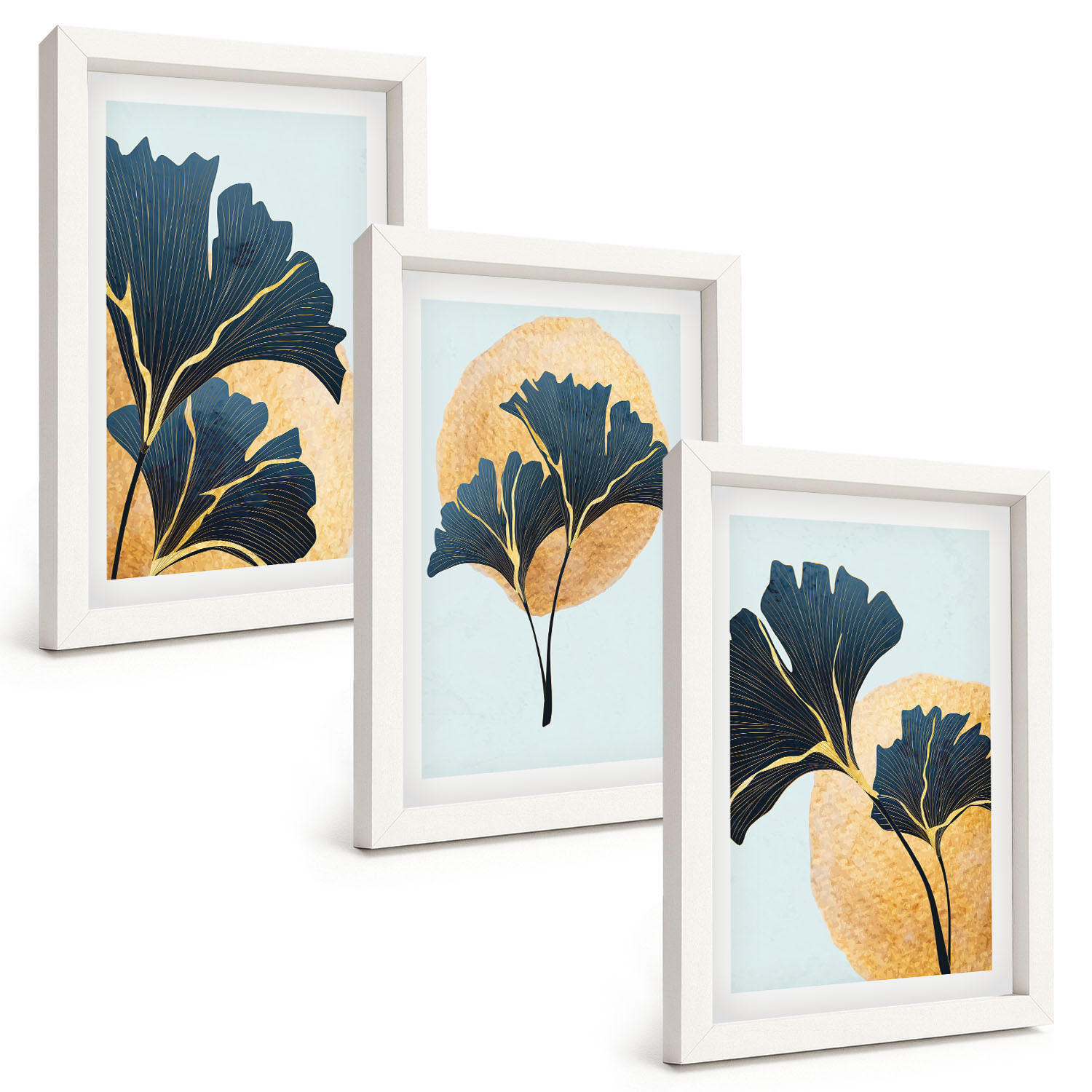 BILDER SET 3er Set - 20x30 cm Weißer Rahmen - Ginkgoblätter, heller Hintergrund - Weiß, Kunststoff (20/30cm) - TULUP