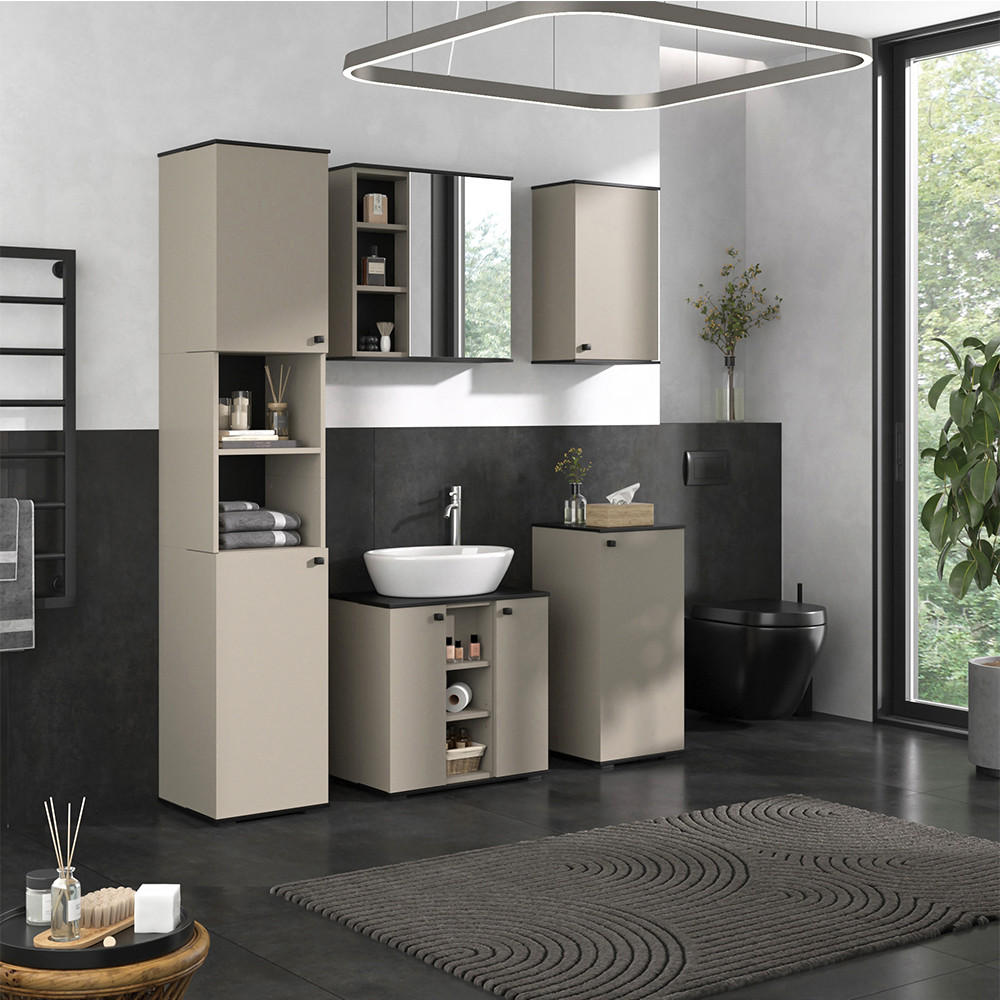 BADMÖBEL-SET Joli Greige 5 Teile - Greige/Schwarz, Holzwerkstoff (60/59/37cm) - Vicco