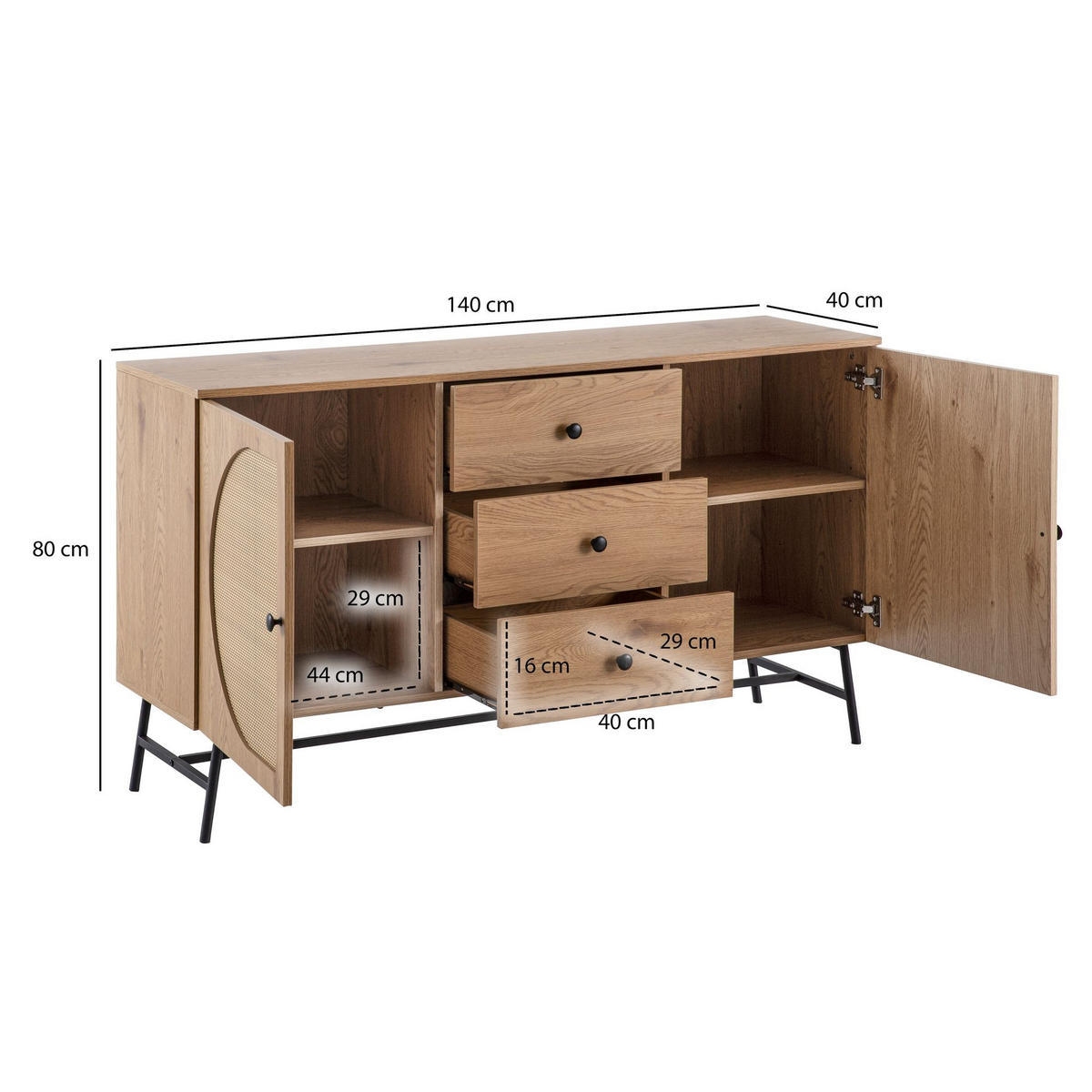 SIDEBOARD – Eiche-Dekor/Rattan, 140x80x40 cm, 2 Türen, 3 Schubladen, hoch - Schwarz/Braun, Holzwerkstoff/Metall (140/80/40cm) - KADIMA DESIGN