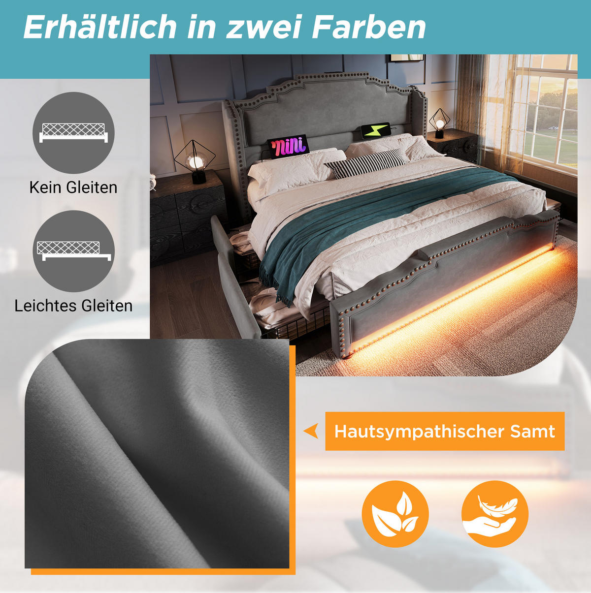 POLSTERBETT 180/200 cm aus Samt mit 4 Schubladen, LED und USB-/USB-C-Anschluss, Grau - Grau, Textil (180/200cm) - Redom