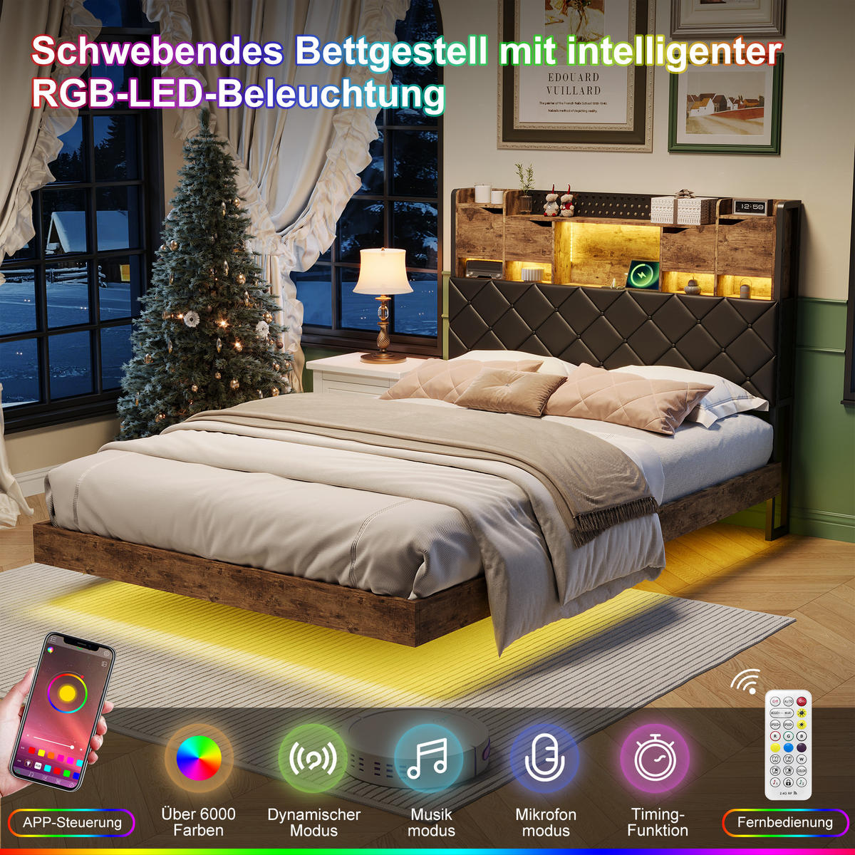 POLSTERBETT 140x200 cm mit LED & USB, Doppelbett mit Kopfteil Stauraum, Schwebebett Holzoptik Metall - Schwarz, Metall (140/200cm) - EuroLiving