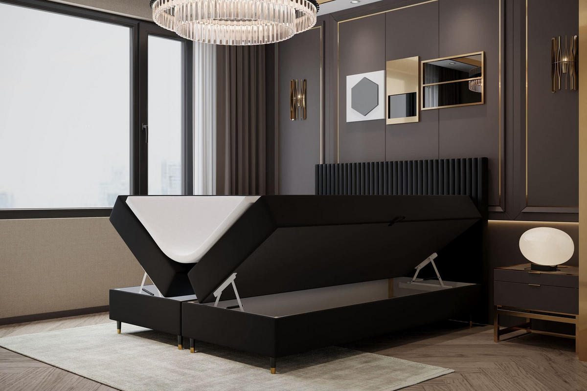 BOXBETT 140 x 200 cm mit Taschenmatratze ESTEPONA, Bettkästen mit Gasdruckfedern, Elegants gepolsterte Kopfstütze und Topper, Schwarz - Schwarz, Holz/Textil (140/200cm) - Trada