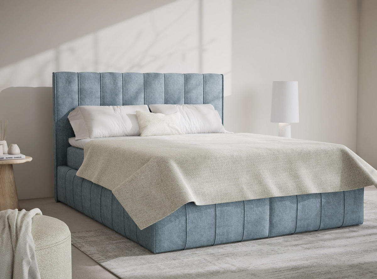 BOXBETT Moretti 160/200 cm, in Hellblau, Bettkasten, Matratze, Topper - Schwarz/Hellblau, Holz/Holzwerkstoff (140/200cm) - Maison de Reve