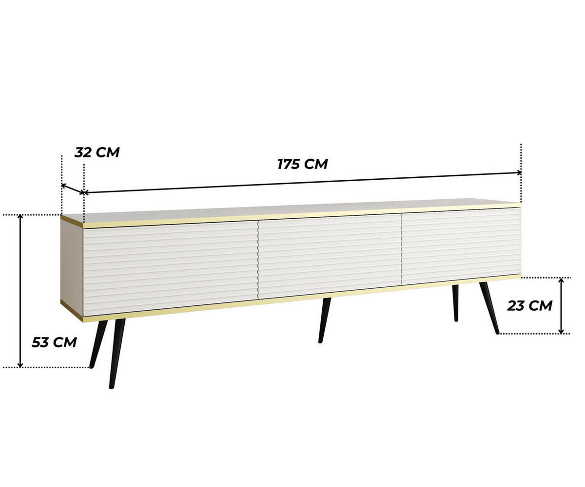 TV-BOARD FORNO (Weiß, Rillenfront, Goldene Details, 3 Klapptüren, schwarze Metallfüße, 175 cm) - Schwarz/Weiß, Holz/Holzwerkstoff (175/53/32cm) - Ravio