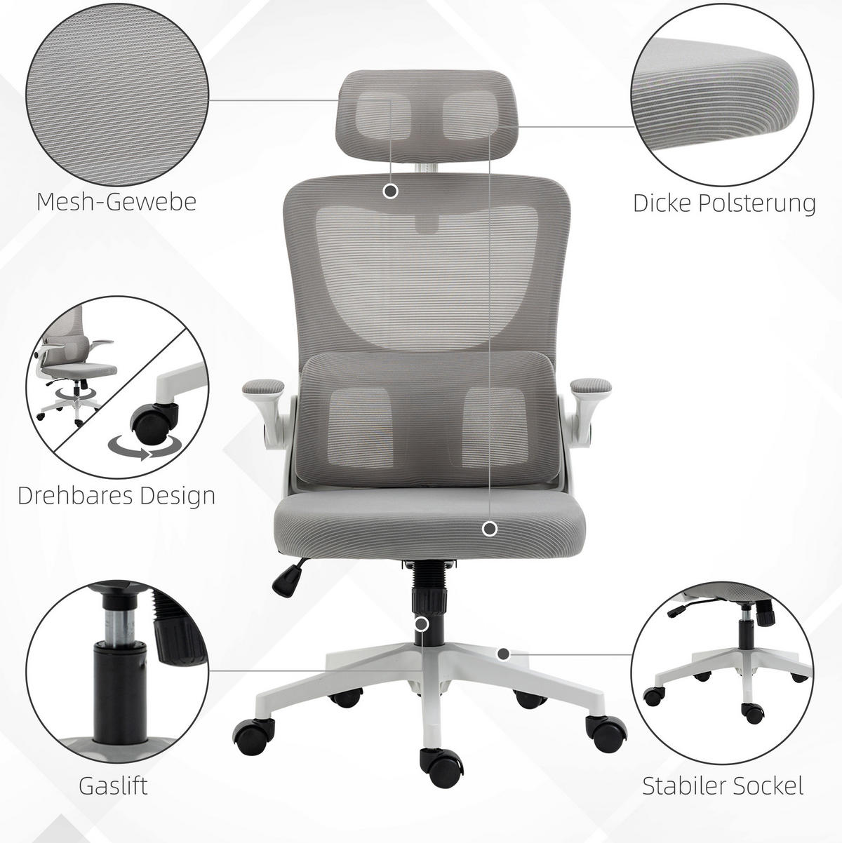 BÜROSTUHL ergonomisch höhenverstellbar Mesh Gray - Grau, Kunststoff (59/122/60cm) - Meubliv