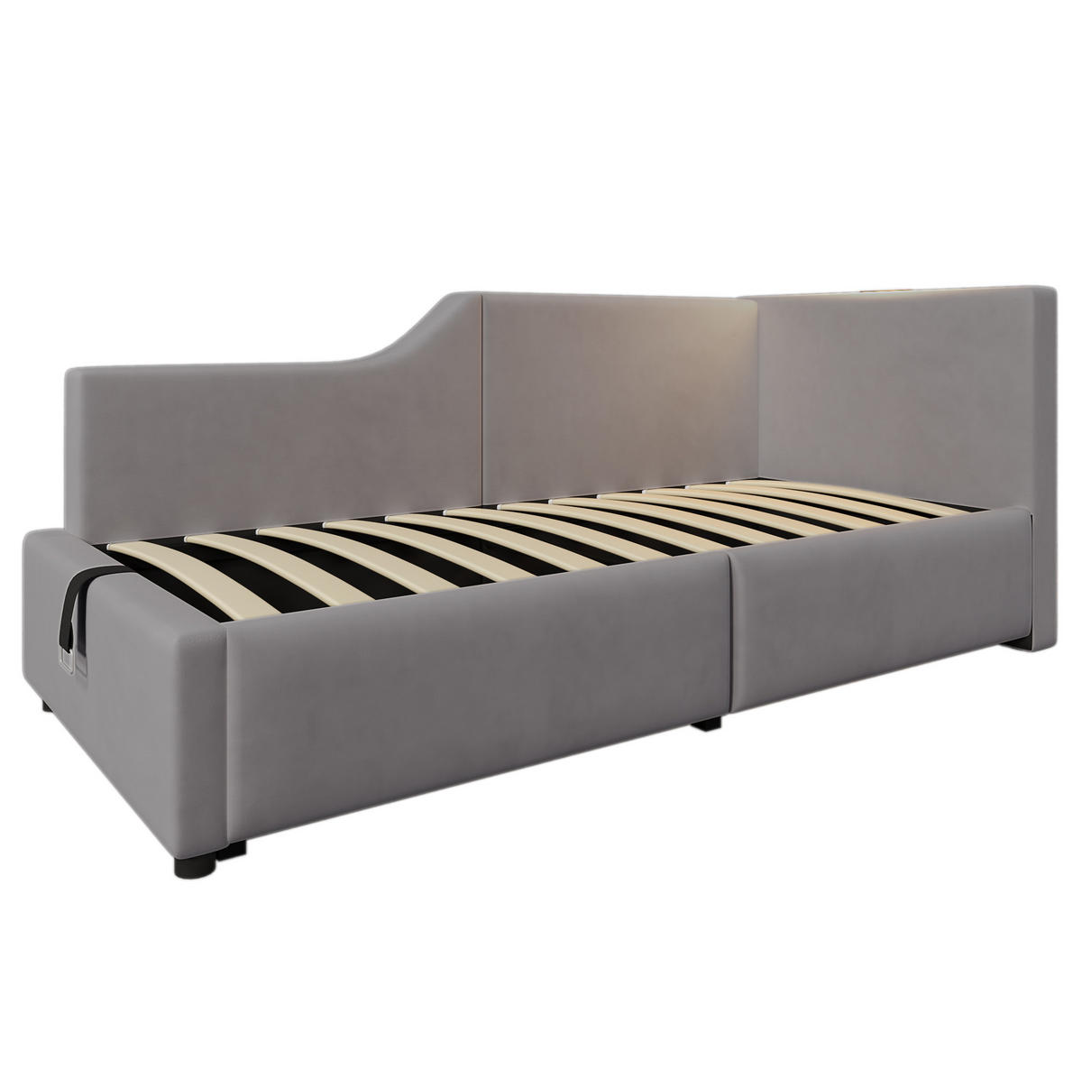 ČALOUNĚNÁ postel 90/190 cm, samet, šedá s úložným prostorem, LED lampou a USB-C - šedá, textil (90/190cm) - BEAOK