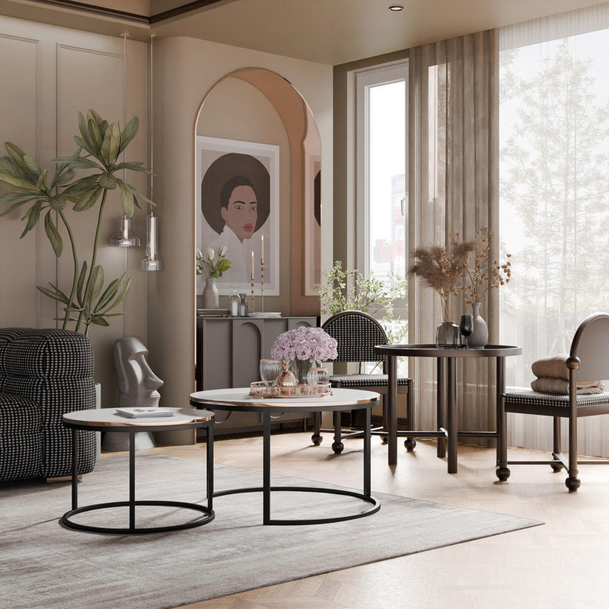 LAVO Couchtisch rund 2-in-1 mit goldenen Kanten, Hochglanz-Weiß - Weiß Hochglanz/Schwarz, Metall (70/70/48cm) - Idohome