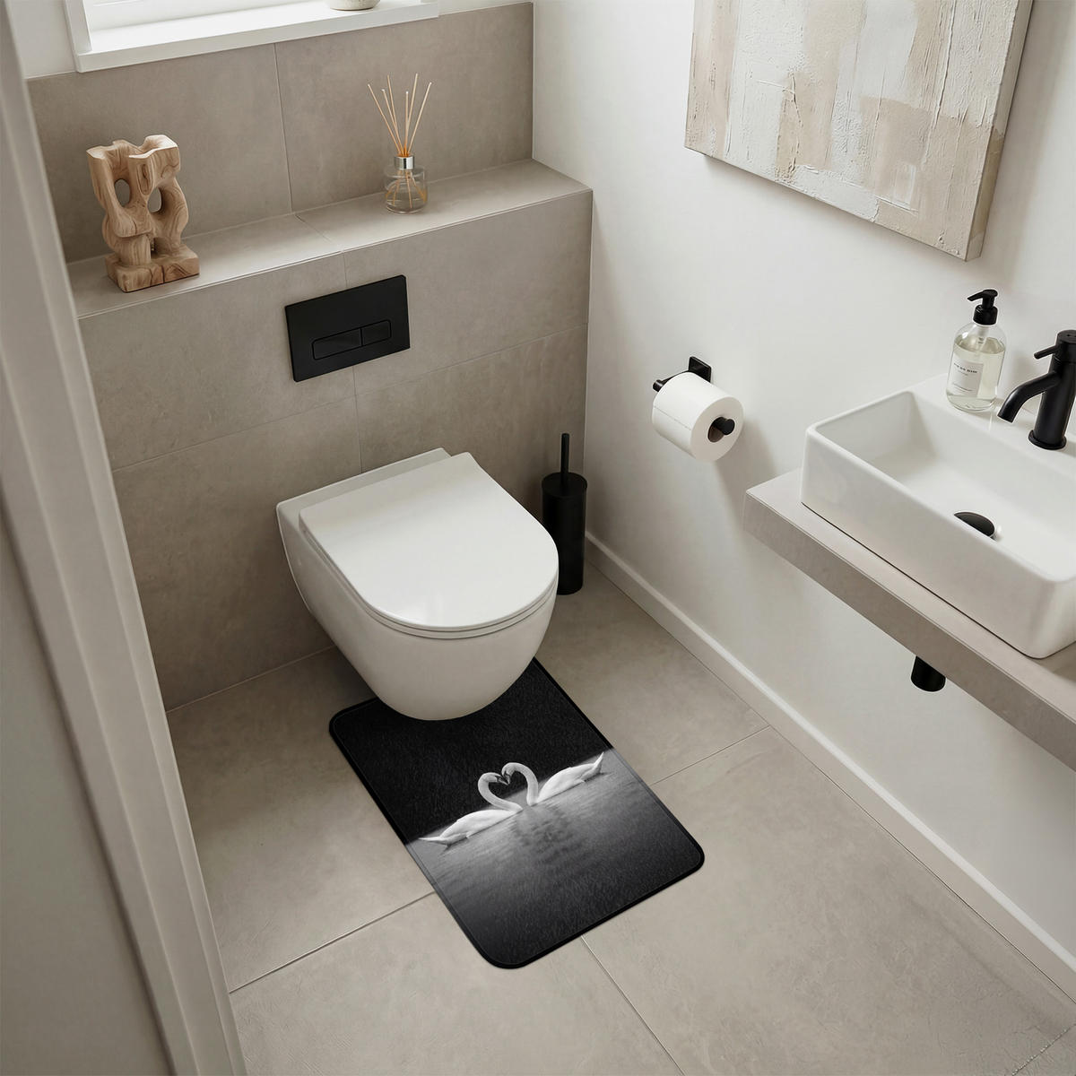 WC PŘEDLOŽKA Labutě - srdce - černá - bílá 40x60 cm - černá, textil/plast (40/1cm) - OnlyWow