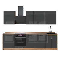 KÖK Fame-Line, Antracit högblank/Goldkraft ek, 280 cm utan bänkskiva - Honungsek/Svart högglans, Träbaserade material (280/206.8/51.6cm) - Vicco