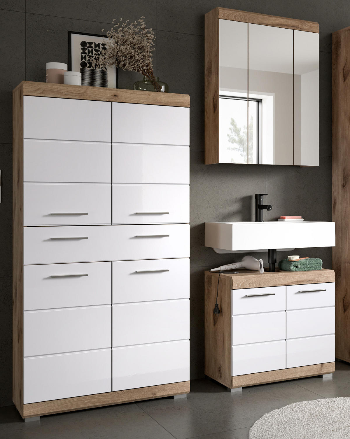 BADMÖBEL-SET weiß Hochglanz, Eiche 3-teilig 149 cm mit viel Stauraum - Weiß Hochglanz/Eichefarben, Glas/Holzwerkstoff (149/191/34cm) - Inn.Furn