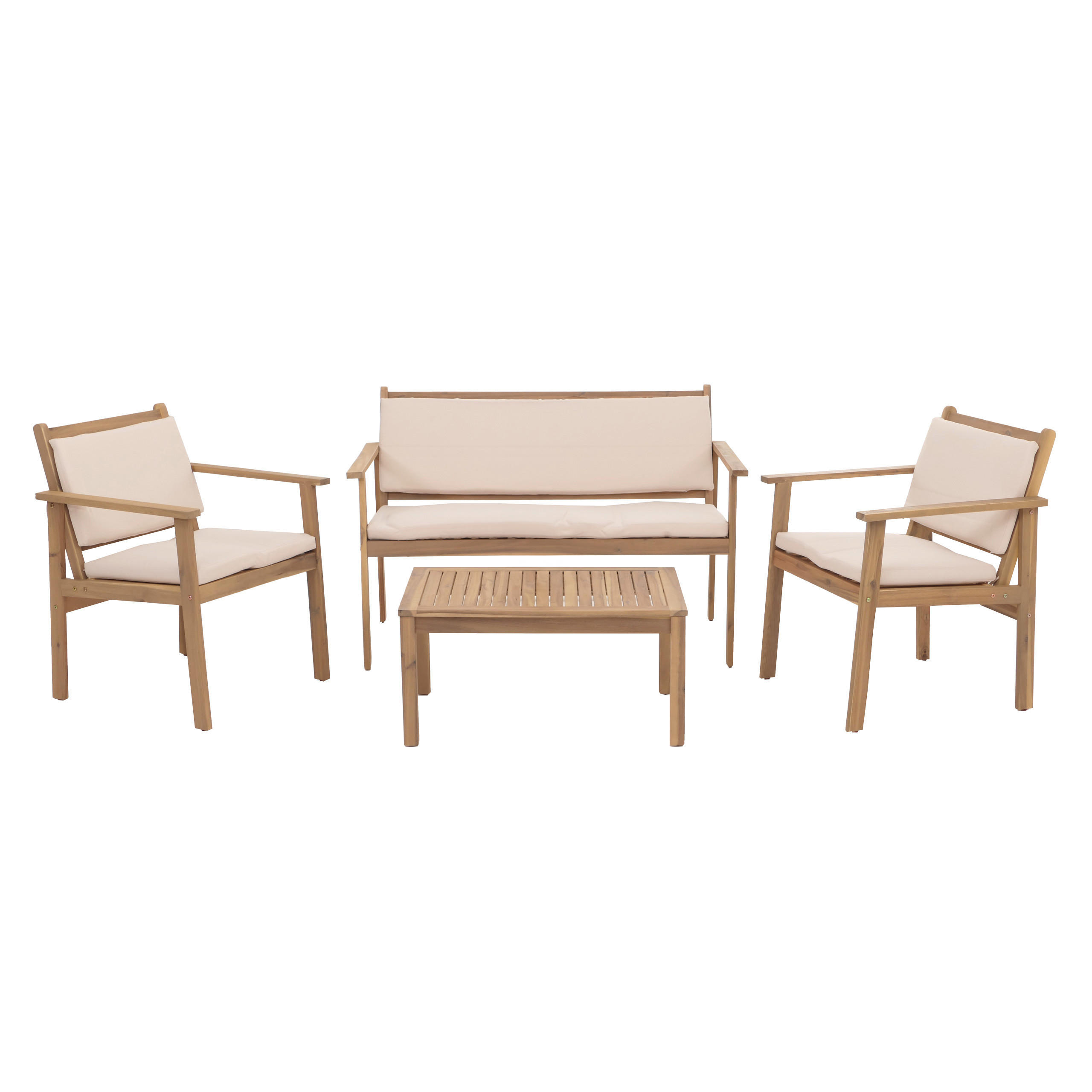 GARTEN-GARNITUR Beige 1x Bank, 2x Sessel, 1x Tisch-Set - Beige, Holz - MCW