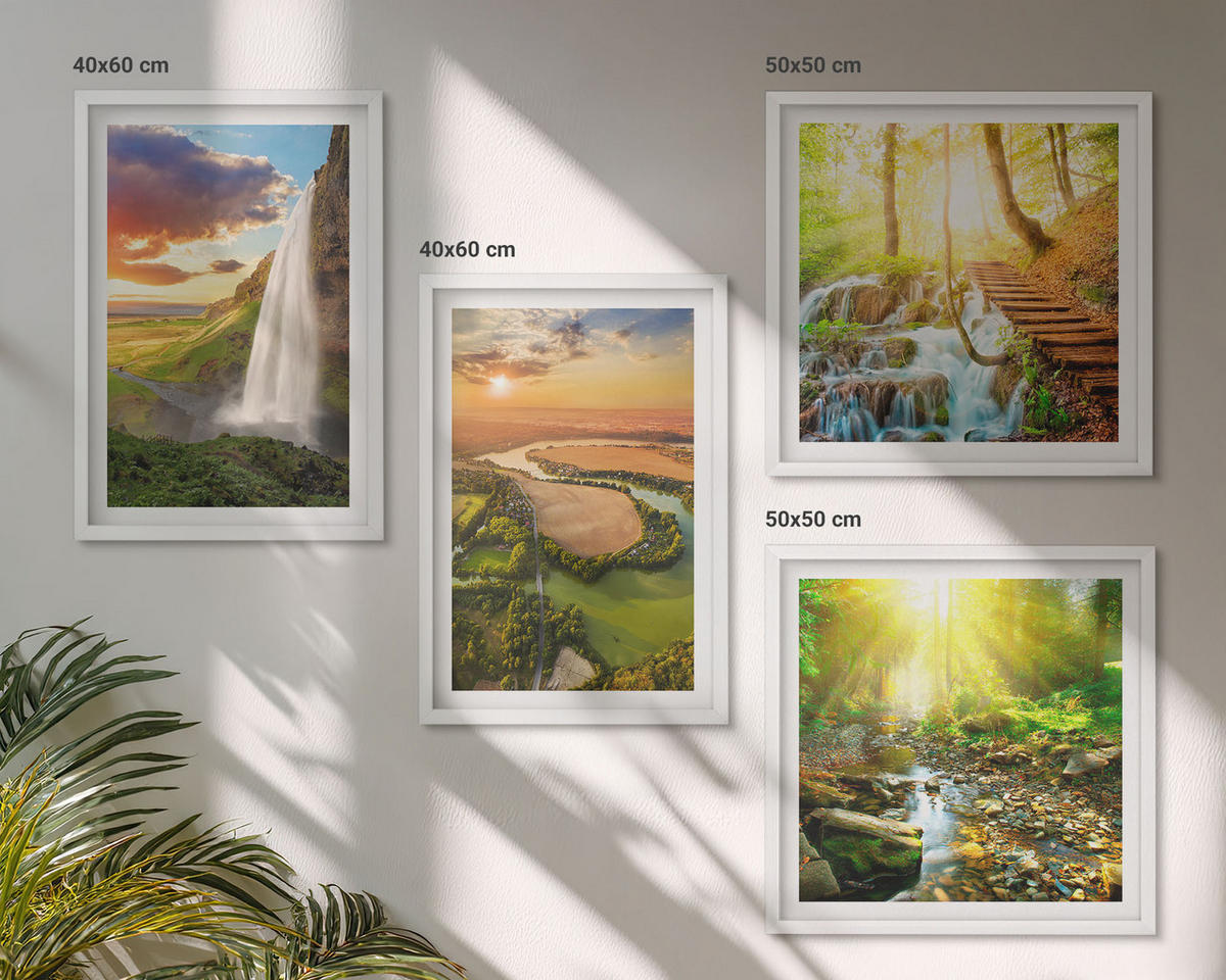 WANDBILDER 4er-Set - 50x50 cm & 40x60 cm Weißer Rahmen - Orange Mountain Wasserfall - Weiß, Kunststoff (50/50cm) - ArtPrintCave