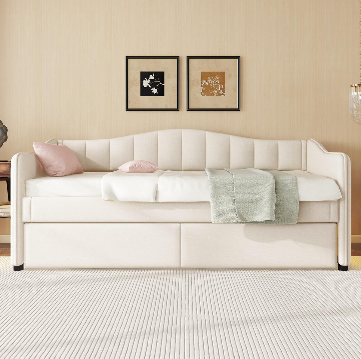 POLSTERBETT 90/200 cm aus Leinen mit ausziehbarem Rollbett und LED-Beleuchtung Beige - Beige, Textil (90/200cm) - Modenvie