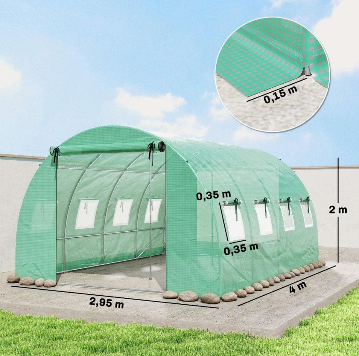 GEWÄCHSHAUS 295/200/400 cm Grün aus Polyethylen mit 2 aufrollbaren Türen - Grün, Kunststoff (295/200/400cm) - OKMYHOME