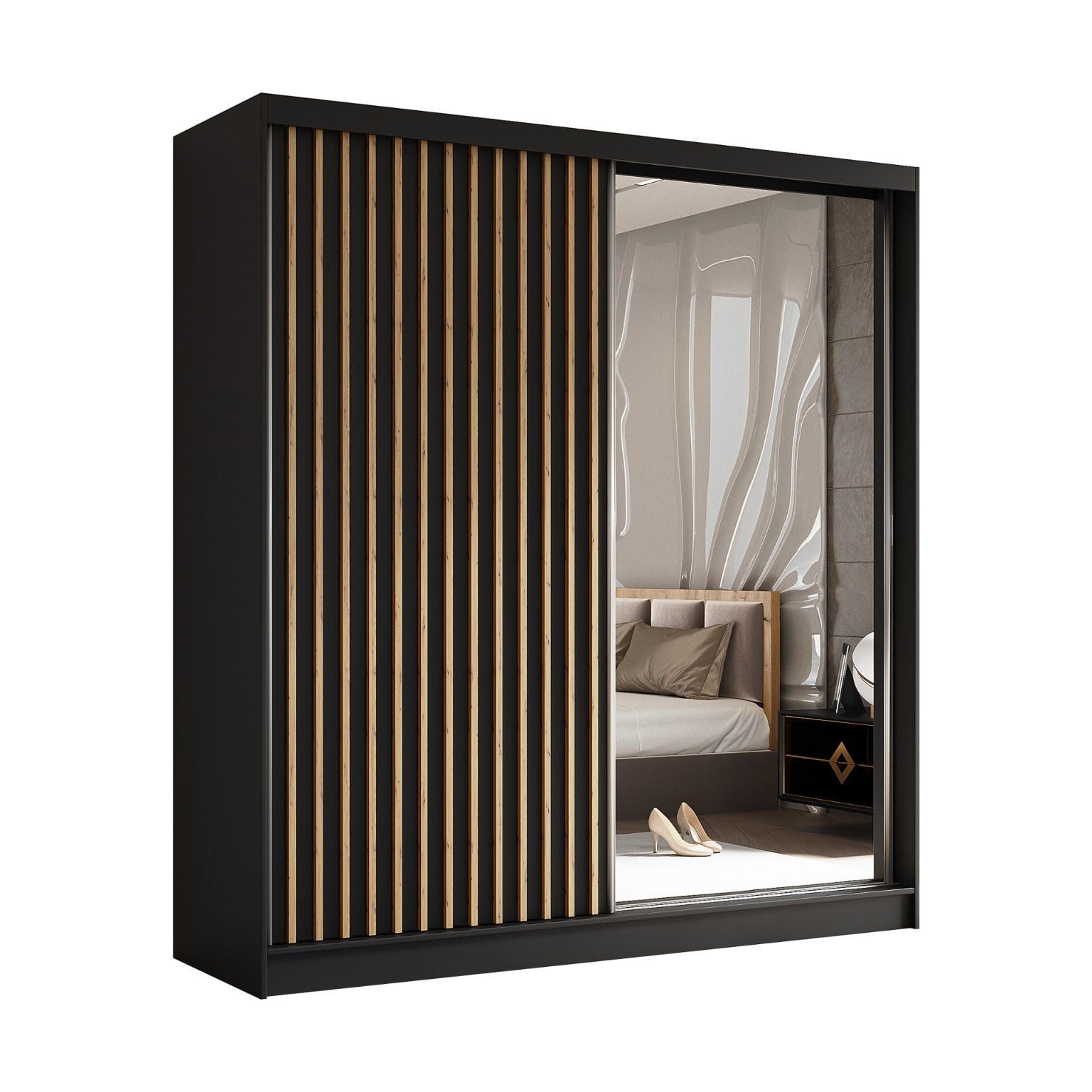 SCHWEBETÜRENSCHRANK Erika 200 cm mit Lamellen und Spiegel 2-türig, schwarz, schwarz, Lamelle Artisan - Schwarz/Eiche Artisan, Kunststoff (200/216/51cm) - Margaret Hadas24