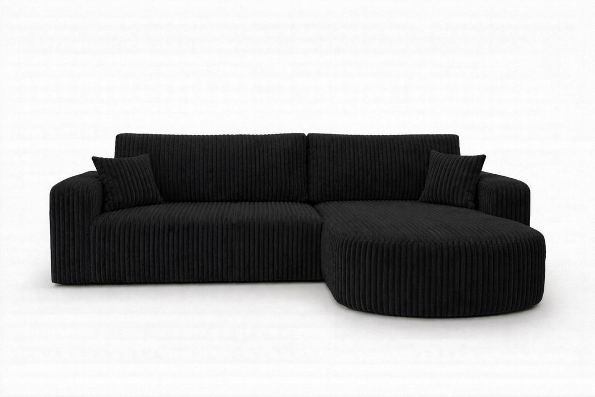 ECKSOFA Mit Schlaffunktion, Cordstoff Tilia, Schwarz, Rechts, ROUND ONE XL - Schwarz, Holz (271/175cm) - Kaiser Möbel