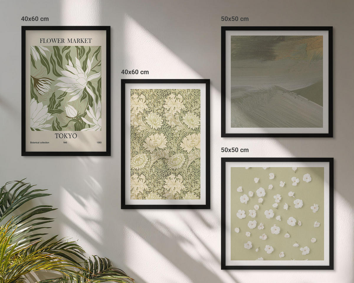 BILDER SET 4er Set - 50x50 cm & 40x60 cm Schwarzer Rahmen - Florale Abstraktionen im Boho-Stil - Schwarz, Kunststoff (50/50cm) - TULUP