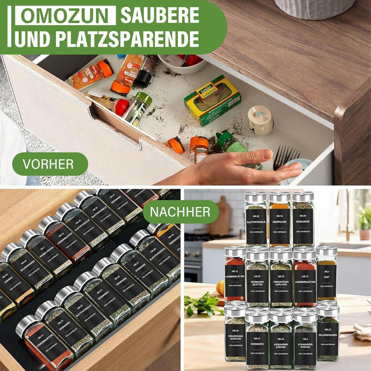 GEWÜRZGLÄSER Set 24 Stück 120ml Eckig mit Streueinsatz und Etiketten - Multicolor, Glas (3.8/10.5/4.4cm)