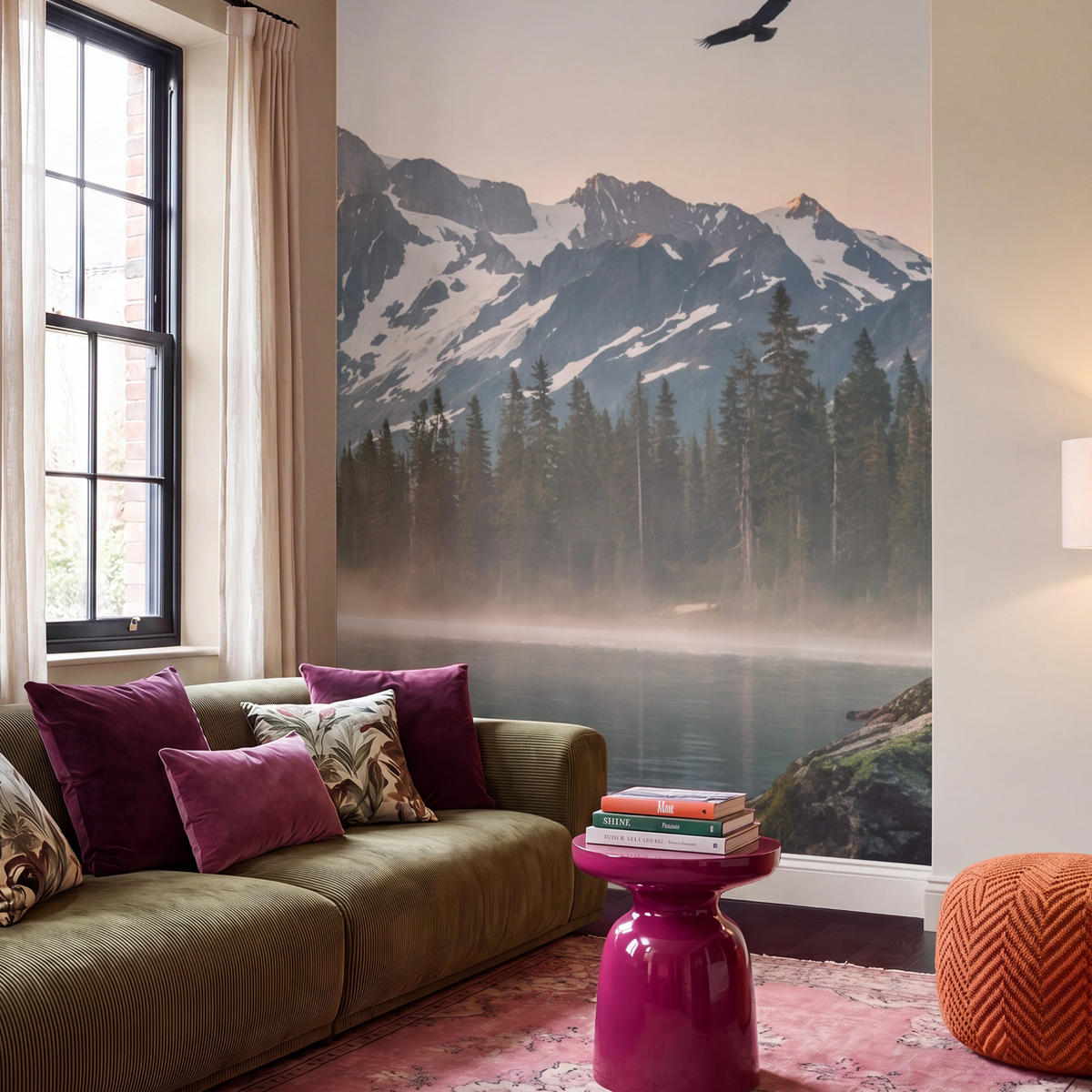 TAPETE - Berge - Wasser - Bäume - 220x260 cm - Multicolor, Papier (220/260cm) - OnlyWow