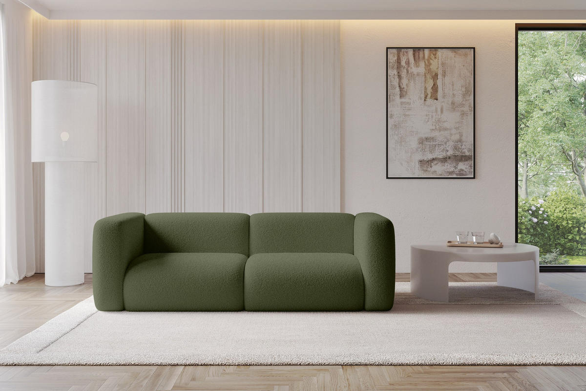 MODULARES Sofa 2-SITZER MIRA-S1 228x89x70 Grün cm Bouclé - Schwarz/Olivgrün, Holzwerkstoff/Kunststoff (228/70/89cm) - ALTDECOR