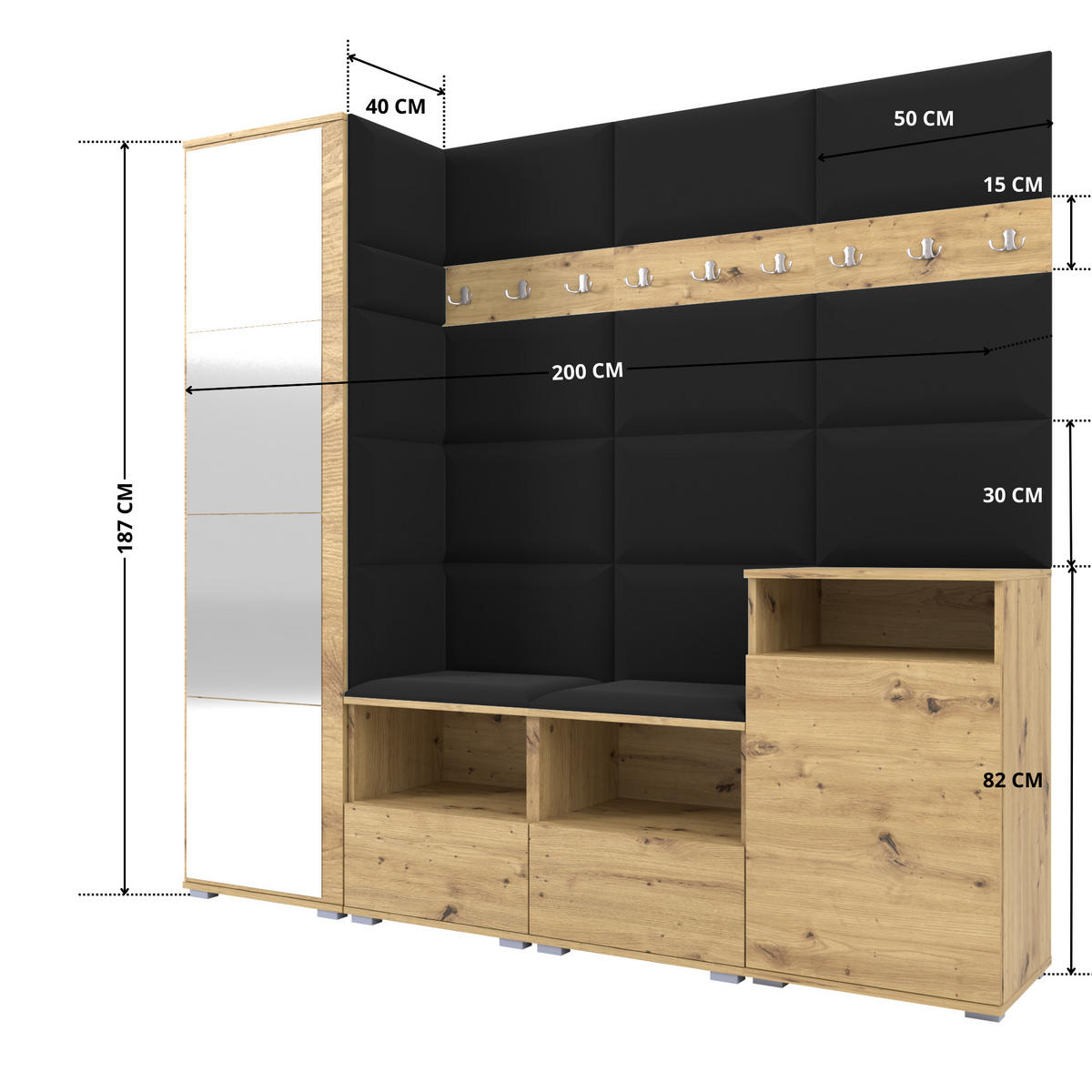 GARDEROBE NELA X 200 cm (Modulare Flurmöbel Artisan Eiche mit Spiegel & Sitzpolster Schwarz 16 Schrank + Sideboard) - Silberfarben/Schwarz, Holz/Holzwerkstoff (200/187/40cm) - Ravio