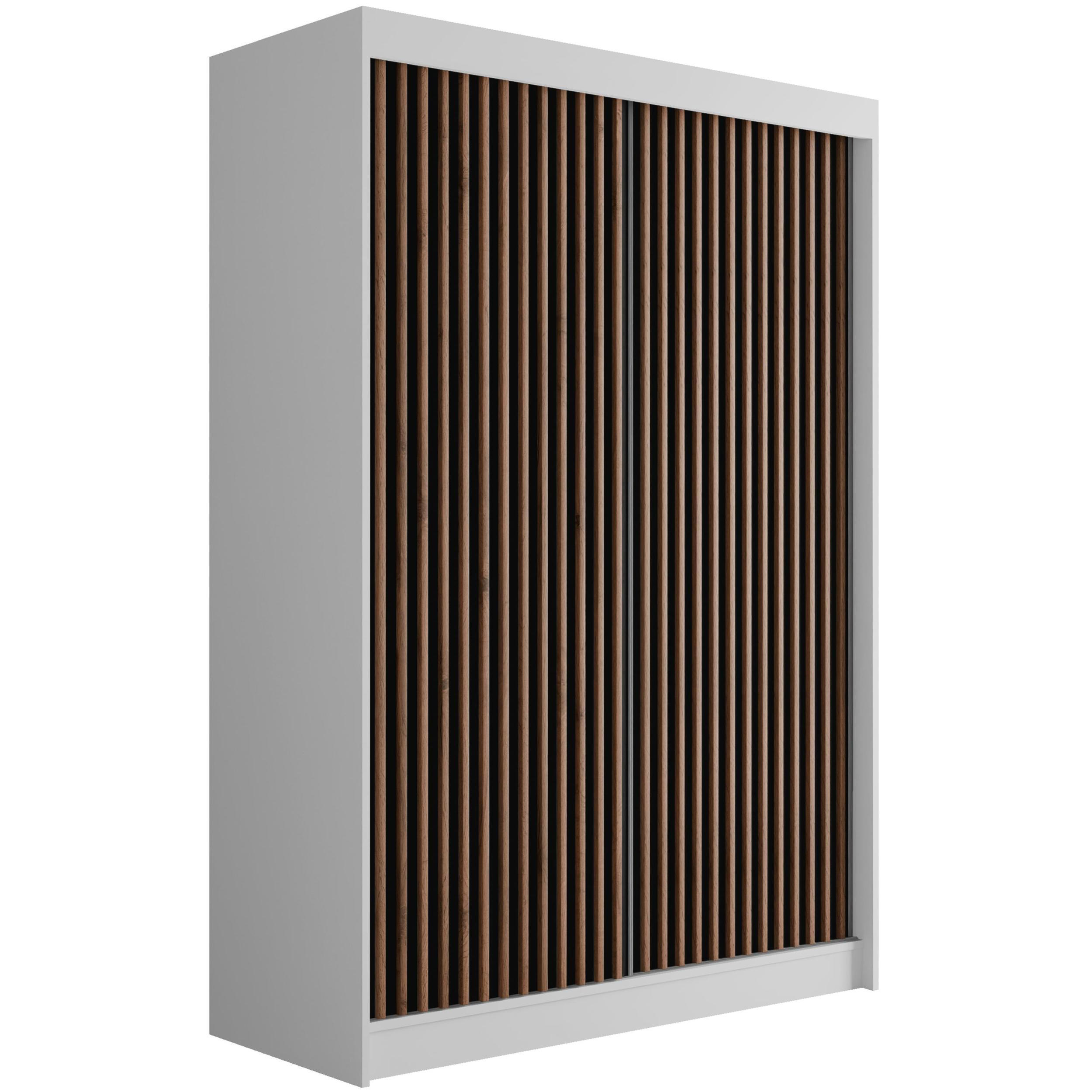 ALTDECOR ŠATNÍ SKŘÍŇ s lamelovými posuvnými dveřmi VILANv2 – 120 cm bílá + lamelový dub wotan