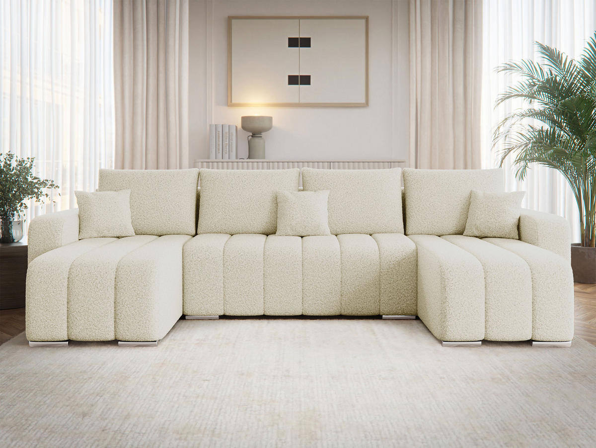 WOHNLANDSCHAFT Pufetto U Boucle - Silberfarben/Creme, Holz/Textil (313/86/147cm) - MIRJAN24