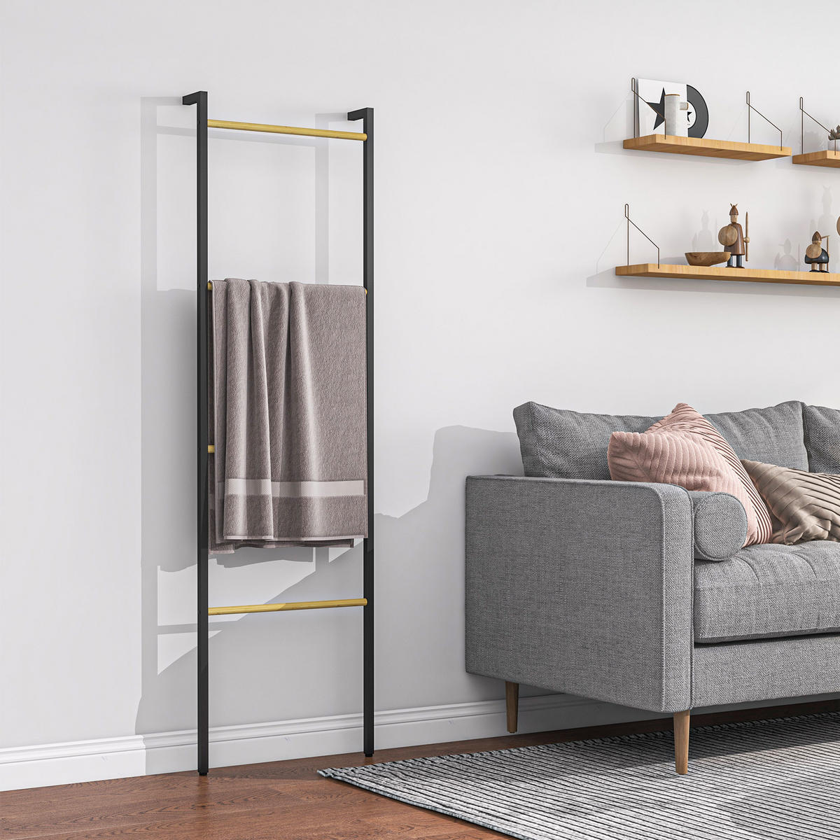 HANDTUCHSTÄNDER 49x5.5x167.5 cm Schwarz aus Stahl & Bambus mit 4 Stangen - Schwarz, Naturmaterialien (5.5/167.5/49cm) - Modfu