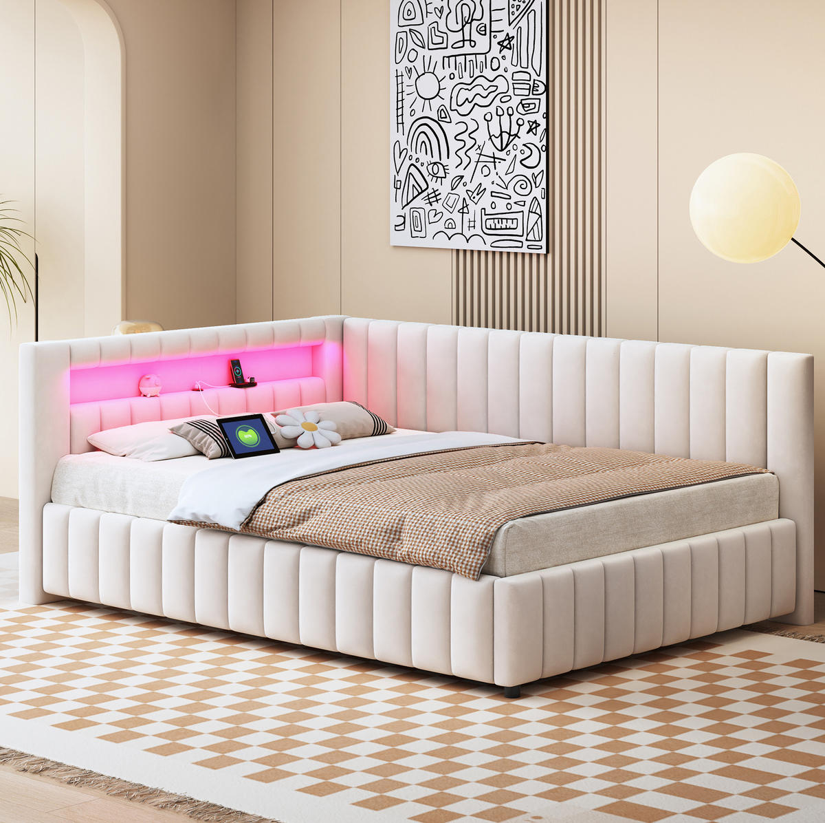 ČALÚNENÁ posteľ zo zamatu 140x200 cm béžová s LED osvetlením, USB portom a L-kovým dizajnom - béžová, textil (140/200cm) - Modfu