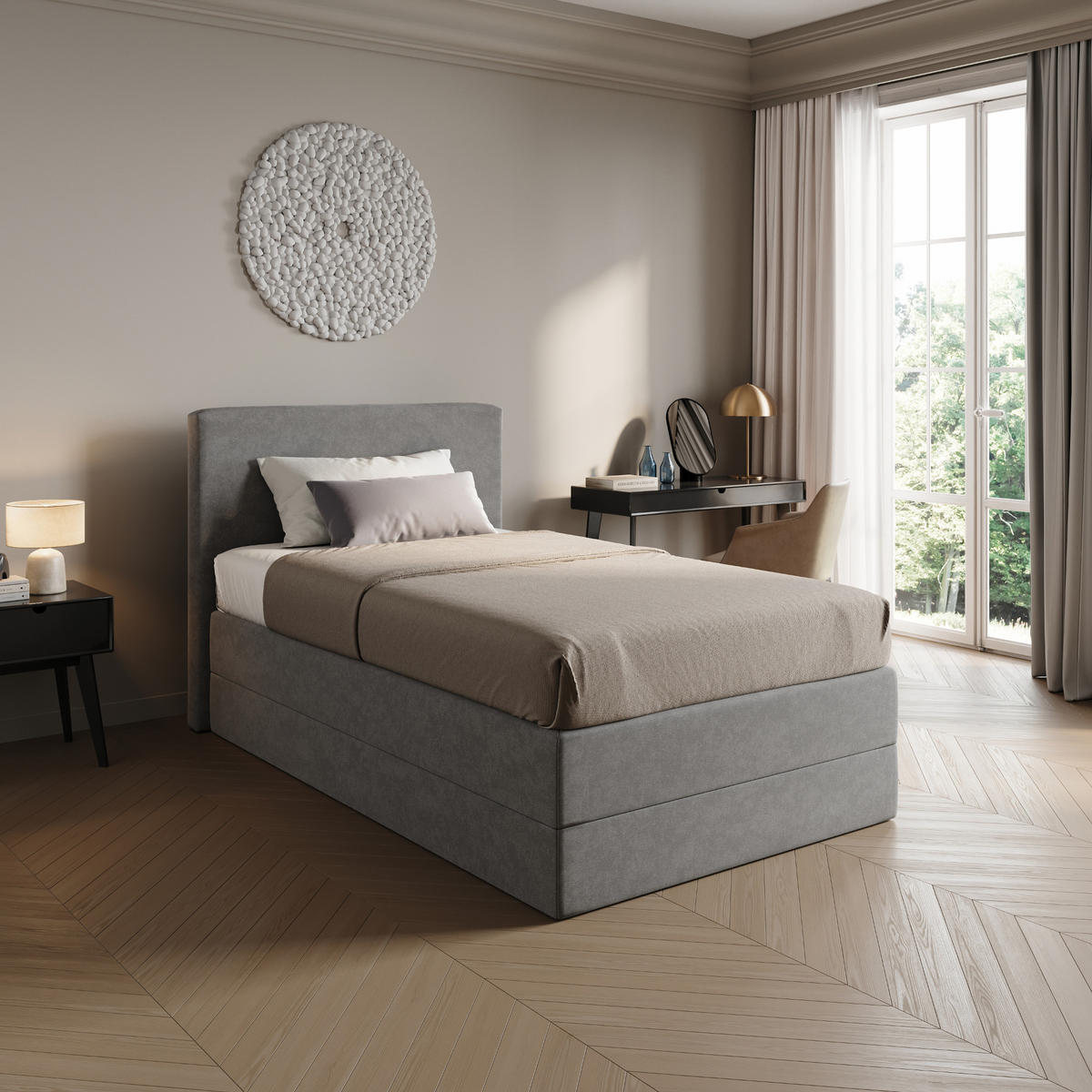 BOXSPRINGBETT mit Bonnell Matratze, mit Kopfteil, 140 x 200 cm, in Grau - Grau, Naturmaterialien (140/200cm) - Home Collective