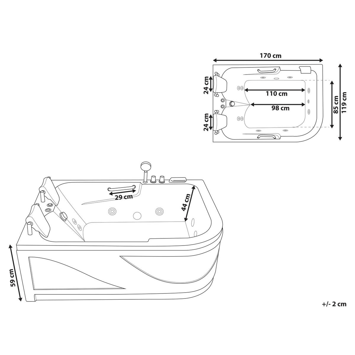 WHIRLPOOL BADEWANNE mit LED 119x170x59 cm weiß Bayamo - Weiß, Kunststoff (119/59/170cm) - Beliani