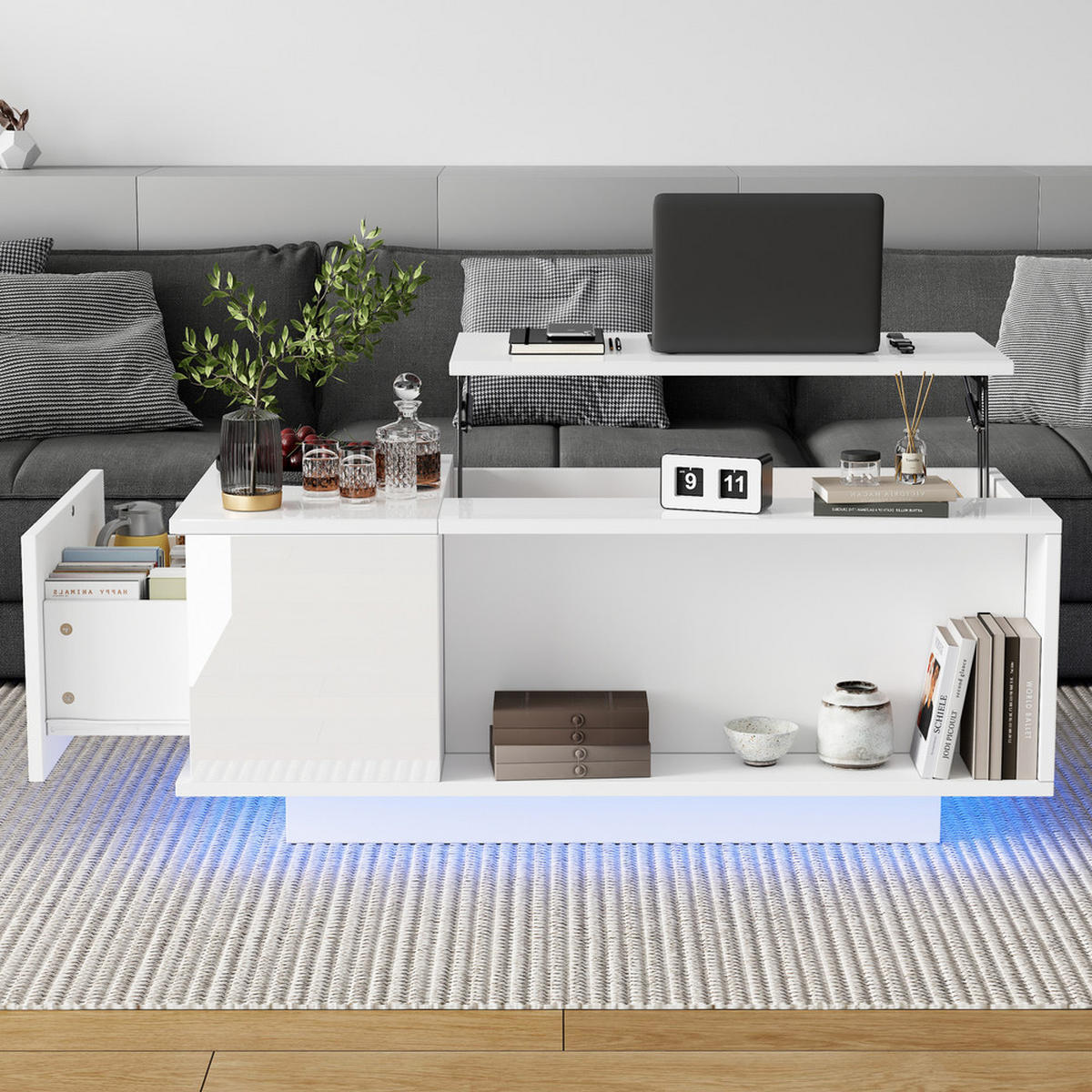 COUCHTISCH 100x50cm Weiß Höhenverstellbar LED Versteckter Stauraum Schublade - Weiß, Holz (108.64/58.24/15.9cm) - FLIEKS