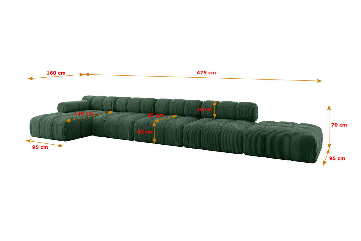 ECKSOFA modulares Sofa Lizur-L3 - 475x160x70 cm Grün Cord - Grün, Holzwerkstoff/Textil (475/160cm) - ALTDECOR