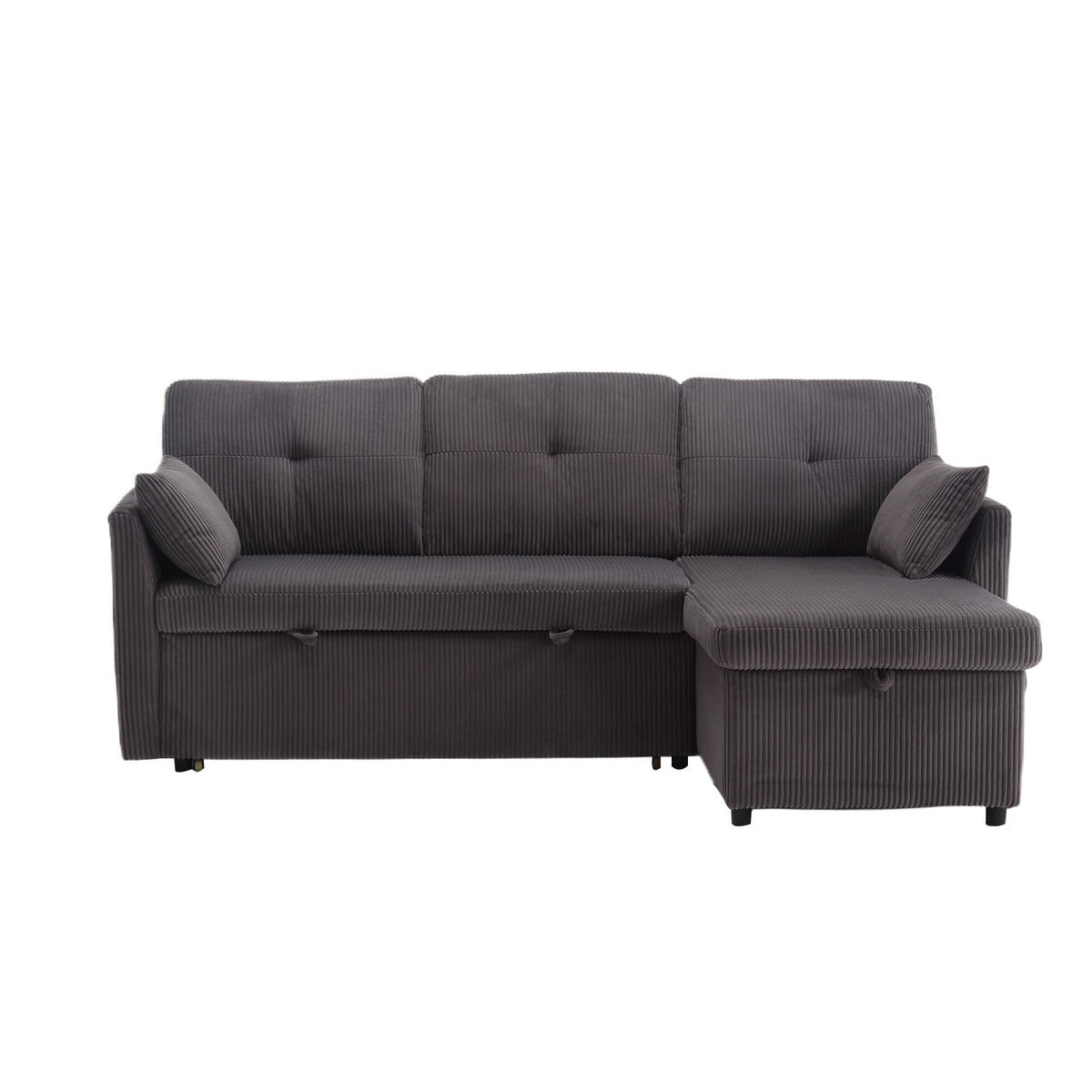 ECKSOFA mit Ausziehbett, verstecktem Stauraum und flexibel links oder rechts platzierbarer Chaiselongue - Dunkelgrau, Textil (206/108cm) - EVRYAE