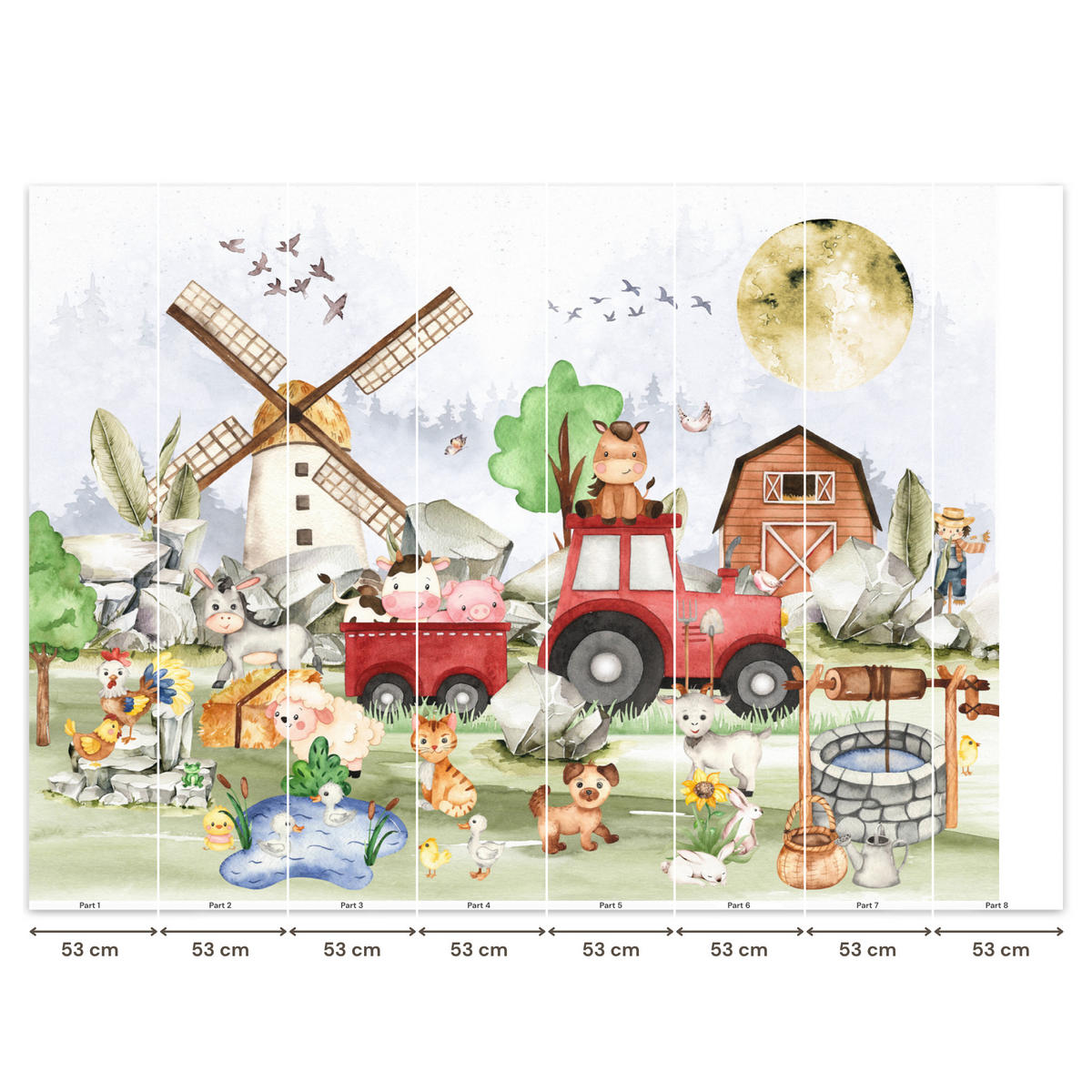 KINDERTAPETE - Bauernhof - Traktor - Kinder - Tiere - 400x300 cm - Weiß, Papier (400/300cm) - OnlyWow