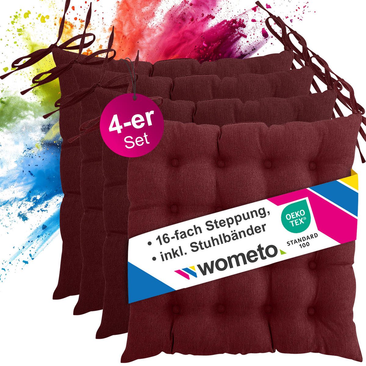 SITZKISSEN 4er Set 16-Punkt dunkelrot 40/40 cm mit Steppung und Halte-Bändern - Rot, Textil (40/40/4cm) - wometo