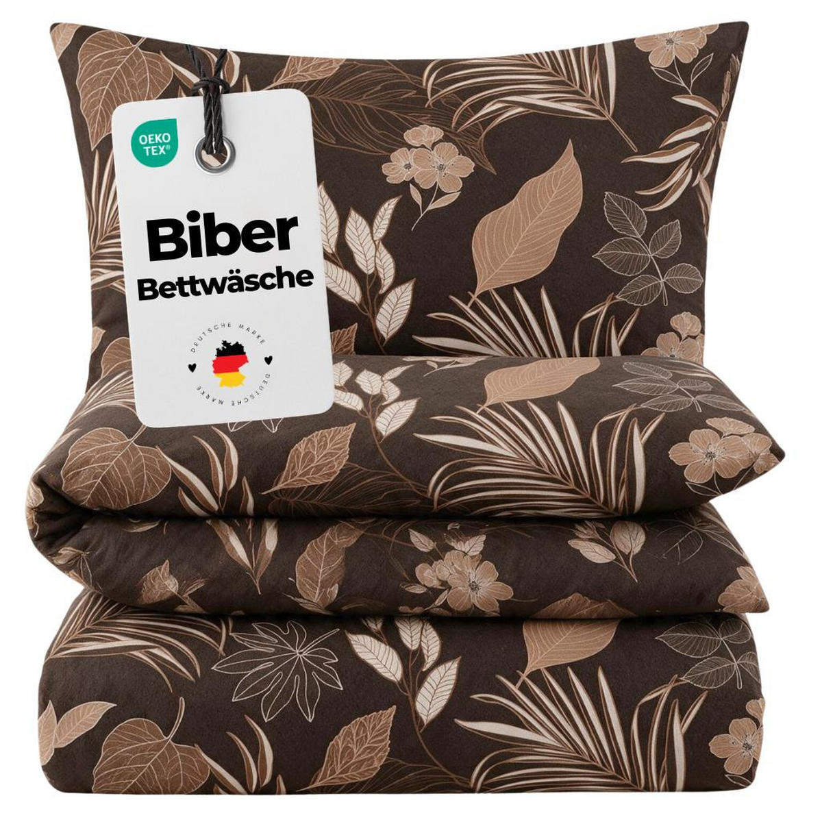 BIBER-BETTWÄSCHE 155x220 - Kuschelig warmer Flanell Bettbezug aus 100% Baumwolle für Herbst & Winter - Blüten und Blätter - Braun, Textil (155/220cm) - Carpe Sonno