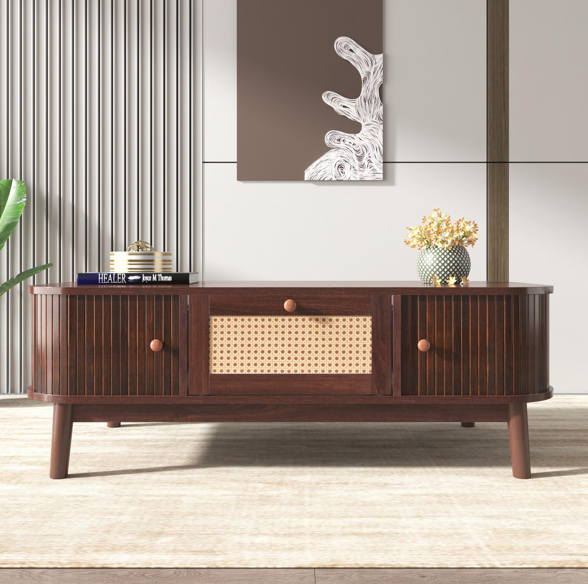 COUCHTISCH 110/55/38,5 cm mit Rattan und Schiebetüren in Natur - Naturfarben, Holzwerkstoff (110/55/38.5cm) - Flora Grace