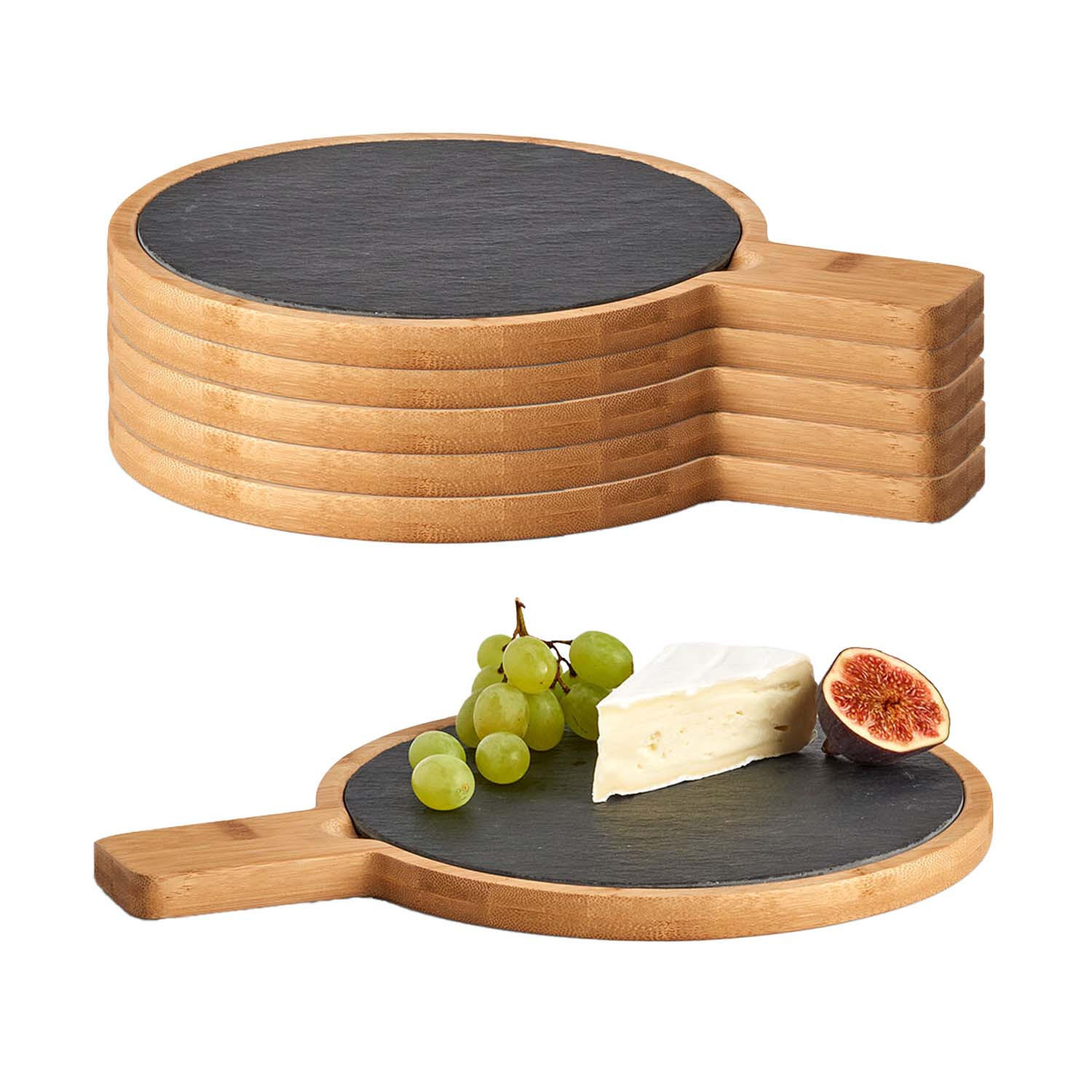 SERVIERPLATTEN, 6 Stück, Schiefer mit Bambusbrett - 29,5 x 22cm - Schwarz, Stein (19/1.5/40cm) - Zeller Present