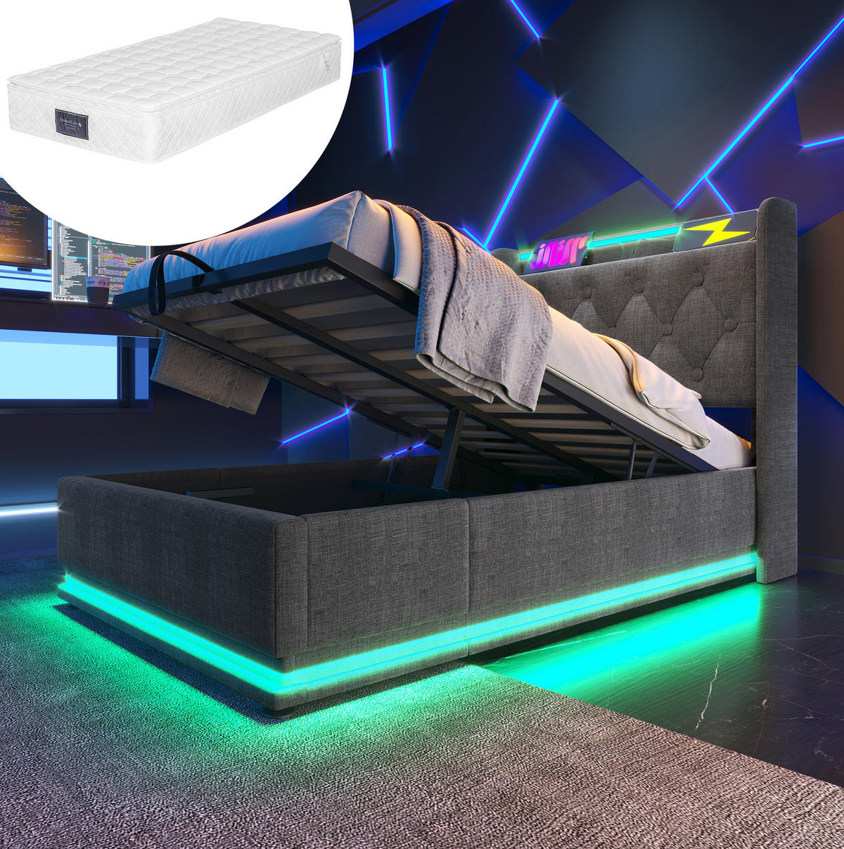ČALÚNENÁ posteľ, 90/200 cm, sivá, ľanový vzhľad, LED, USB-C, úložný priestor, s matracom - sivá, textil (90/200cm) - BEAOK