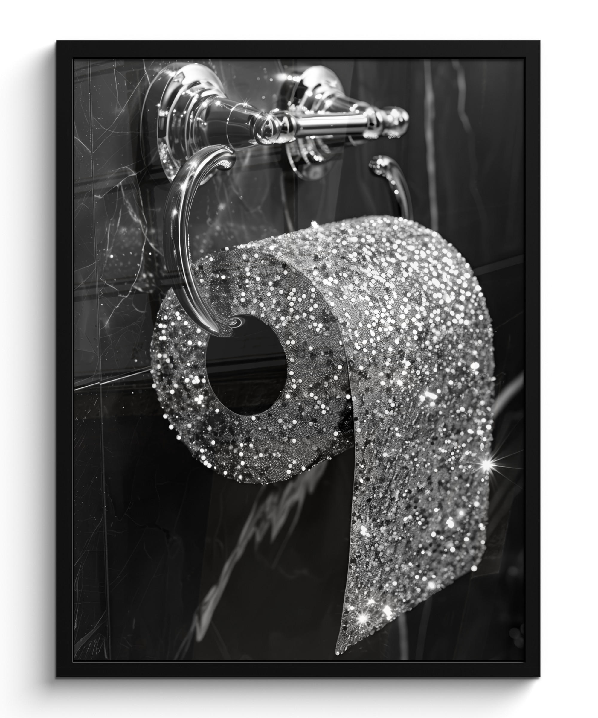 GERAHMTES BILD WC - Toilettenpapier - Schwarz und weiß - Glitter 60x80 cm - Silberfarben, Papier (60/80cm) - MuchoWow