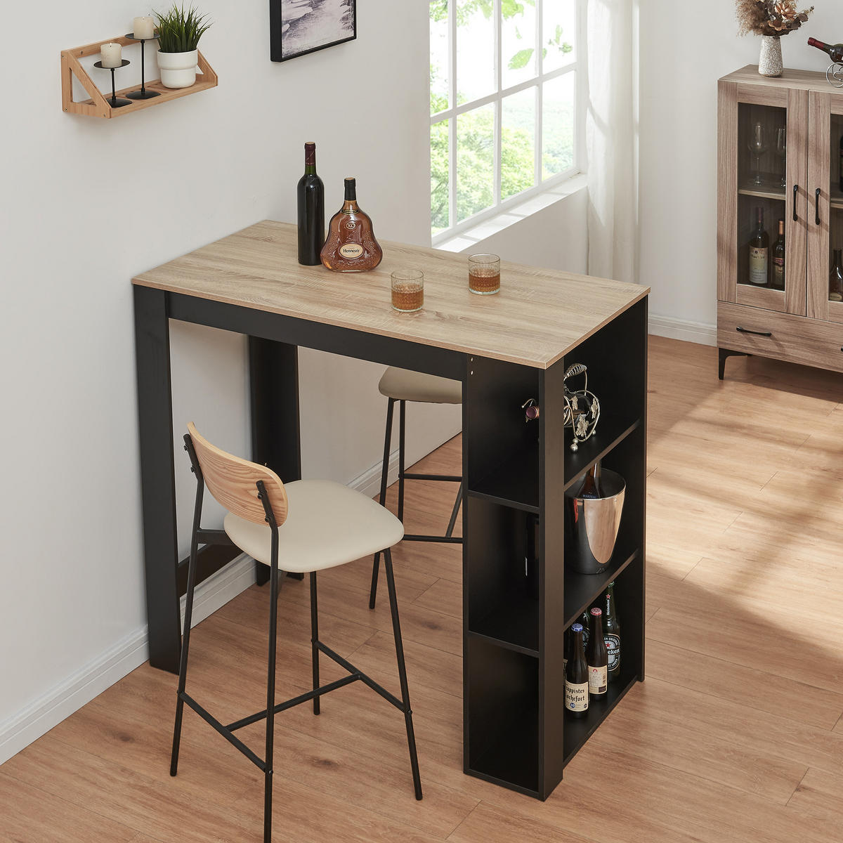 BAROVÝ STŮL Danderyd - černá/barva dubu, kompozitní dřevo (60/120/105.5cm) - [en.casa]