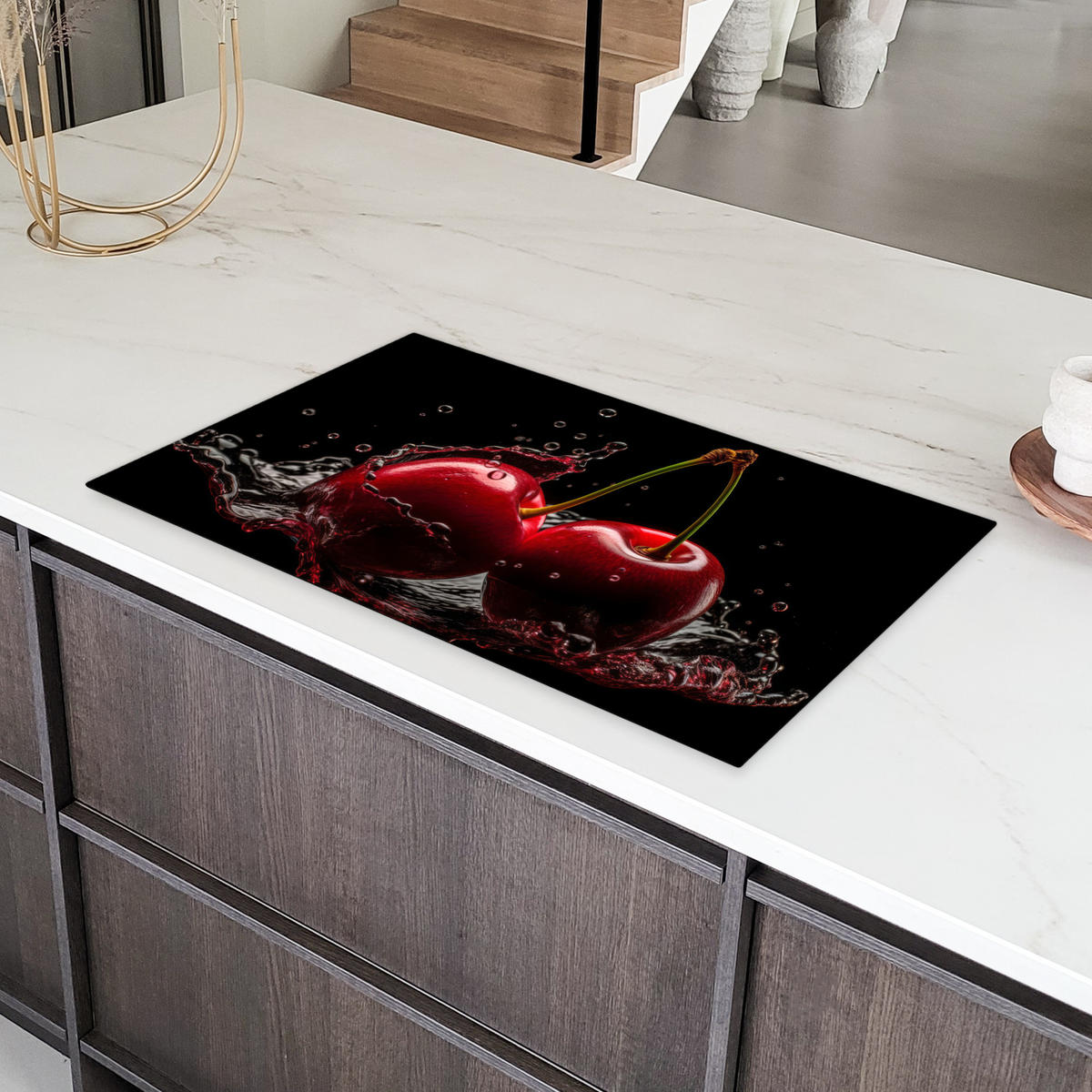 HERDABDECKPLATTE Kirsche - Rot - Frucht - Wasser - Schwarz 89x51 cm - Kirschrot, Kunststoff (89.6/0.2/51.6cm) - MuchoWow
