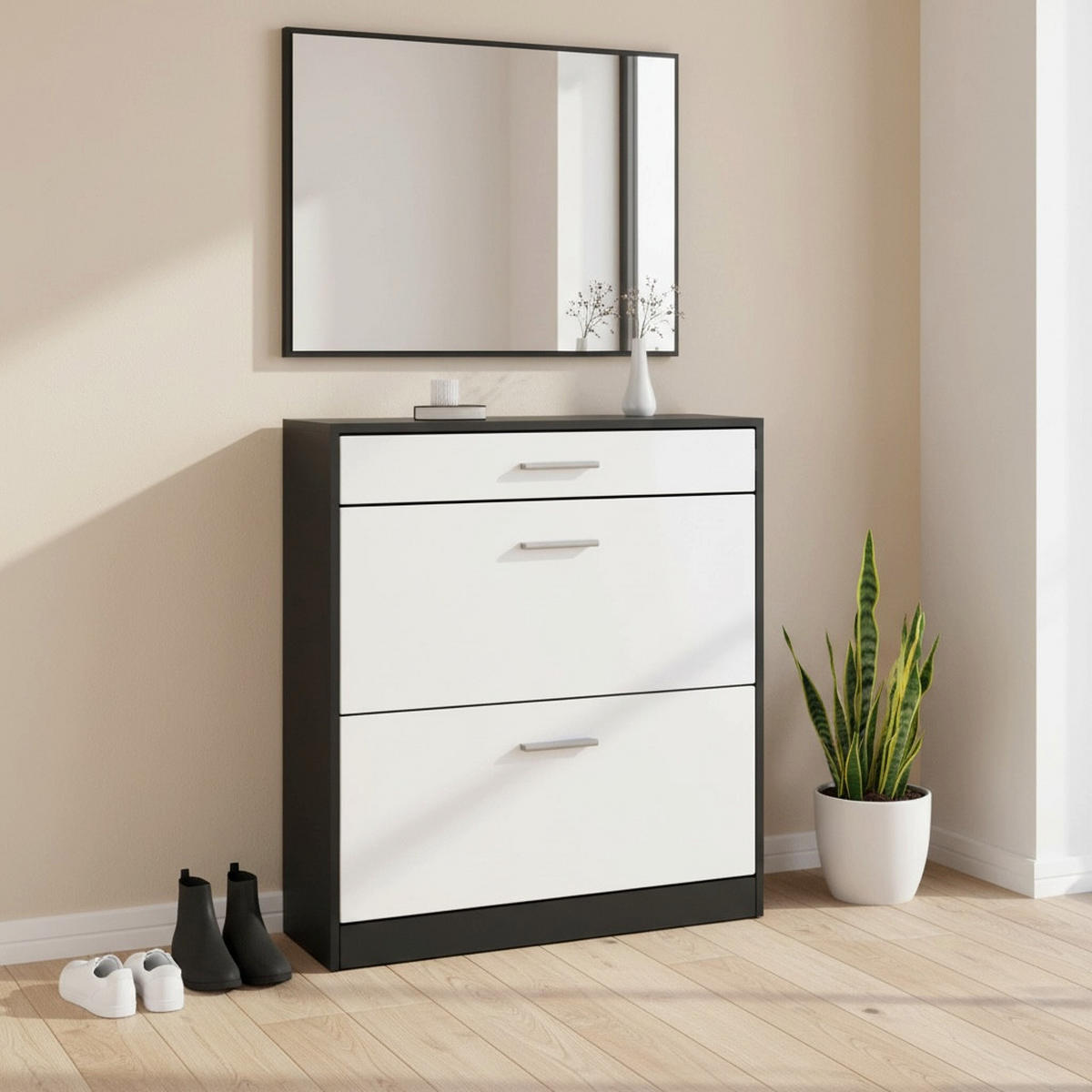 SCHUHSCHRANK Roma Schmal mit 2 Klappen und 1 Schublade, Platzsparender Schuhkipper, Schwarz/Weiß matt (89 x 95,5 x 23 cm) - Weiß, Holzwerkstoff (89/95.5/23cm) - InnoFurn